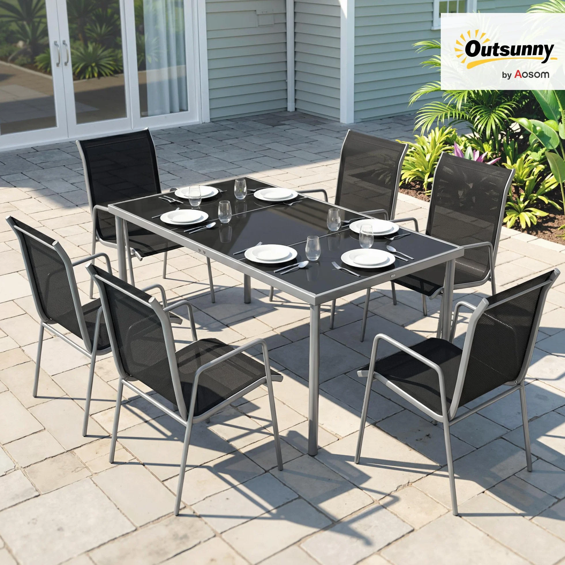 Outsunny Salon de Jardin 6 Personnes Table et Chaises Empilables Textilène Plateau Verre Trempé Argent