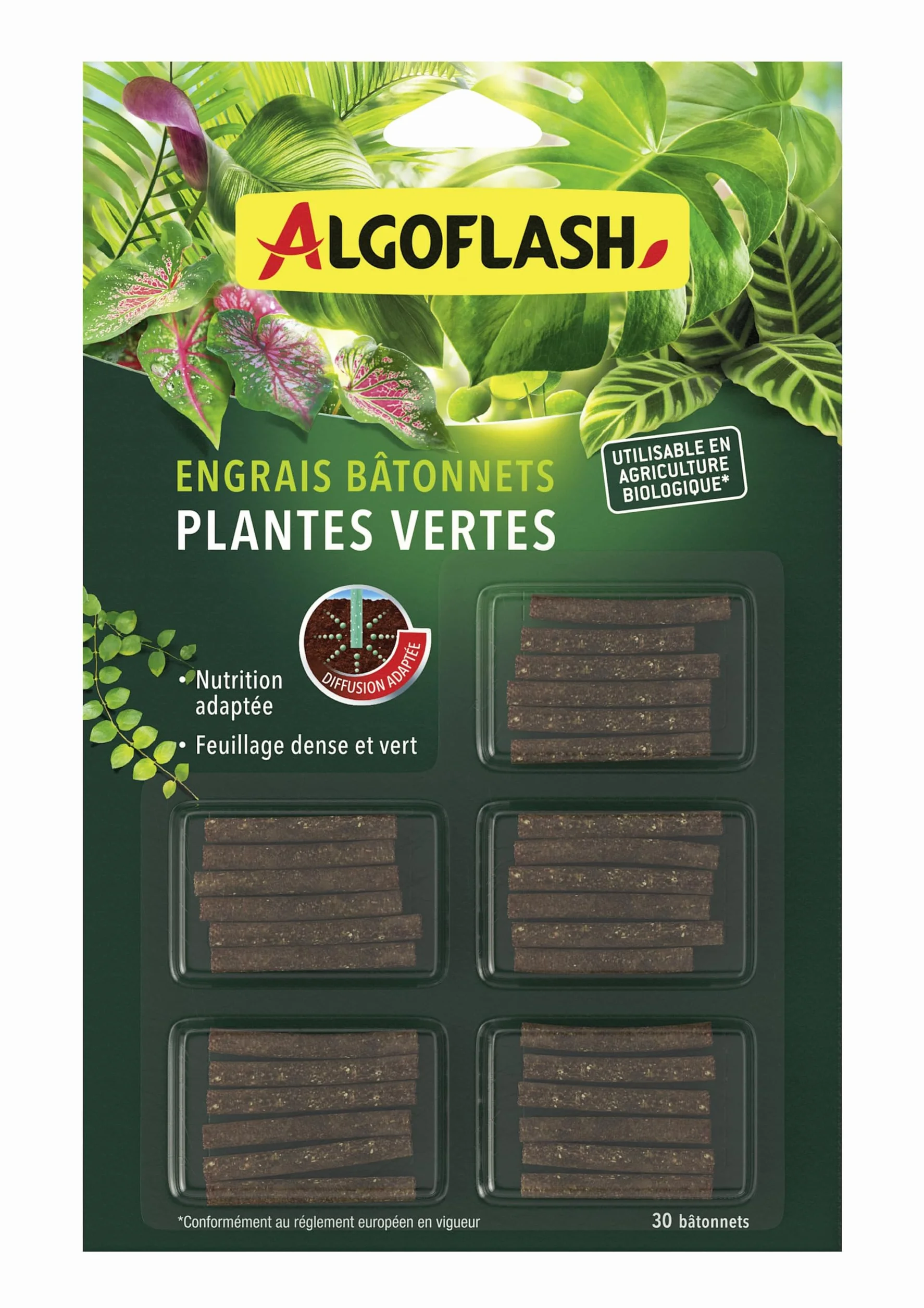 Algoflash Bâtonnets Engrais Plantes Vertes Agriculture Biologique 30 Bâtonnets