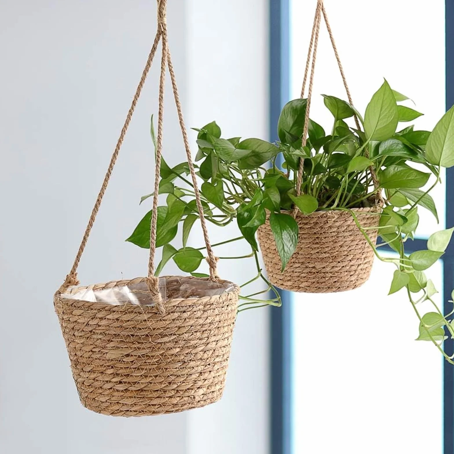 Lot de 2 Pot de Fleurs Suspendu en Jonc de Mer 20 cm Jardinière Suspendue Bohème
