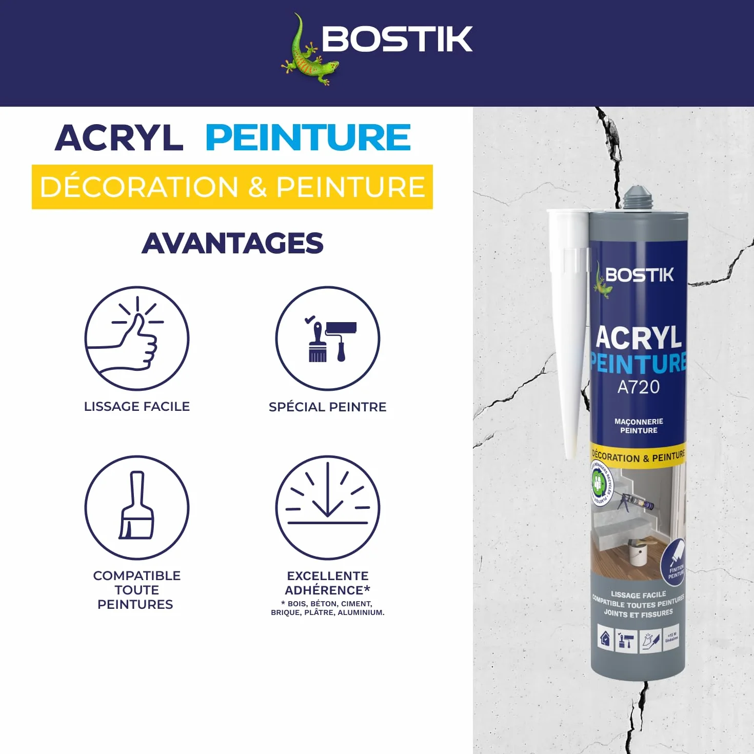 Bostik Acryl Peinture – Mastic Acrylique – Intérieur – Spécial Peinture, Calfeutreutement et Fissures – Tous Matériaux – Blanc – Cartouche 310 ml
