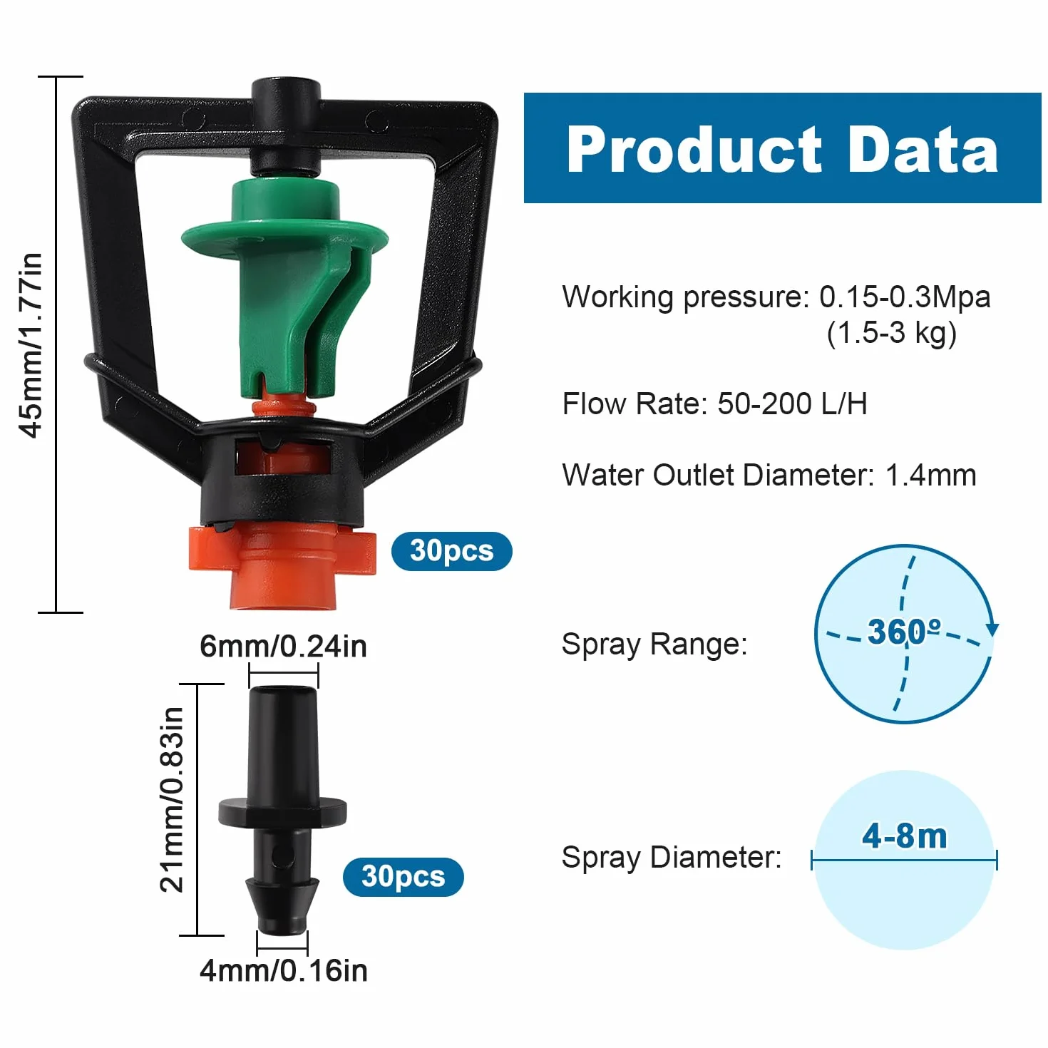 Micro Arroseur Buse 360 Degrés Rotative Tête, Spinning Refraction, avec Connecteur Barb pour Pelouses Jardins