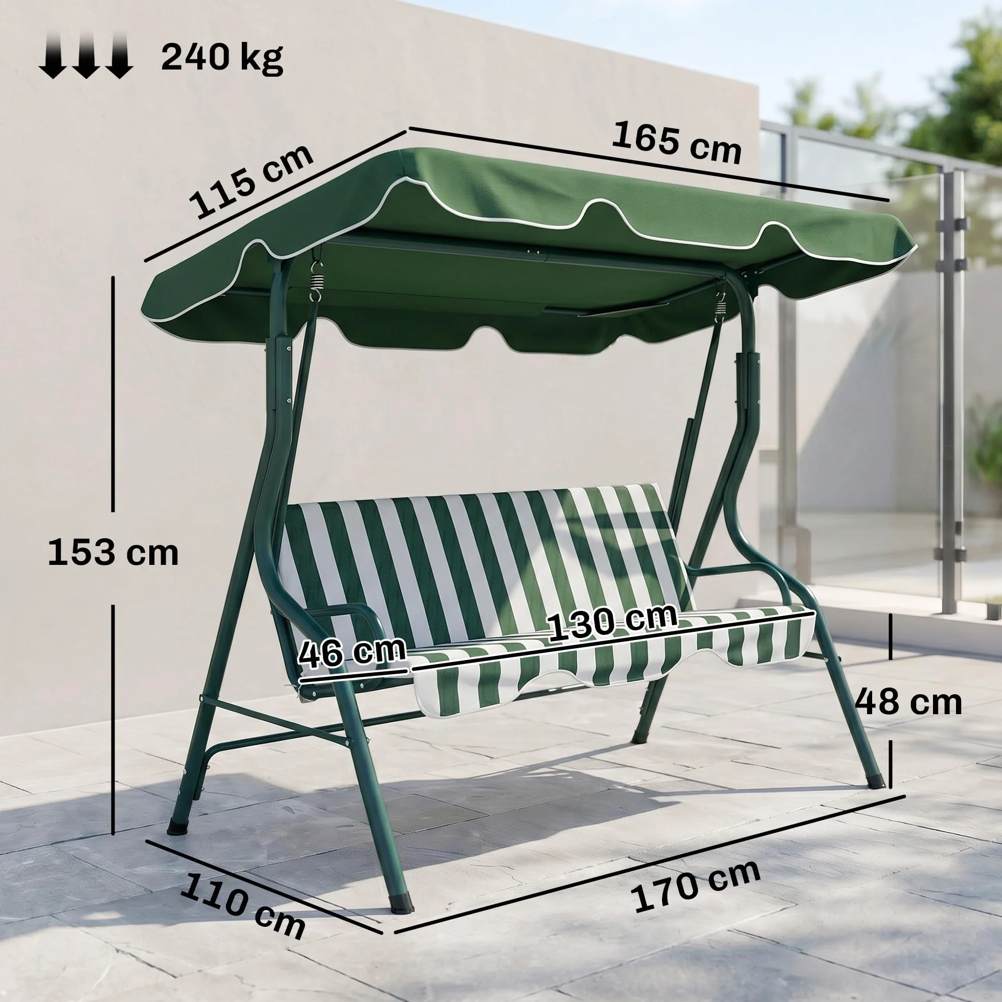 Outsunny Balancelle de Jardin 3 Places Toit imperméabilisé Inclinaison réglable Acier Polyester Vert Blanc rayé 1,7L x 1,1l x 1,53H m