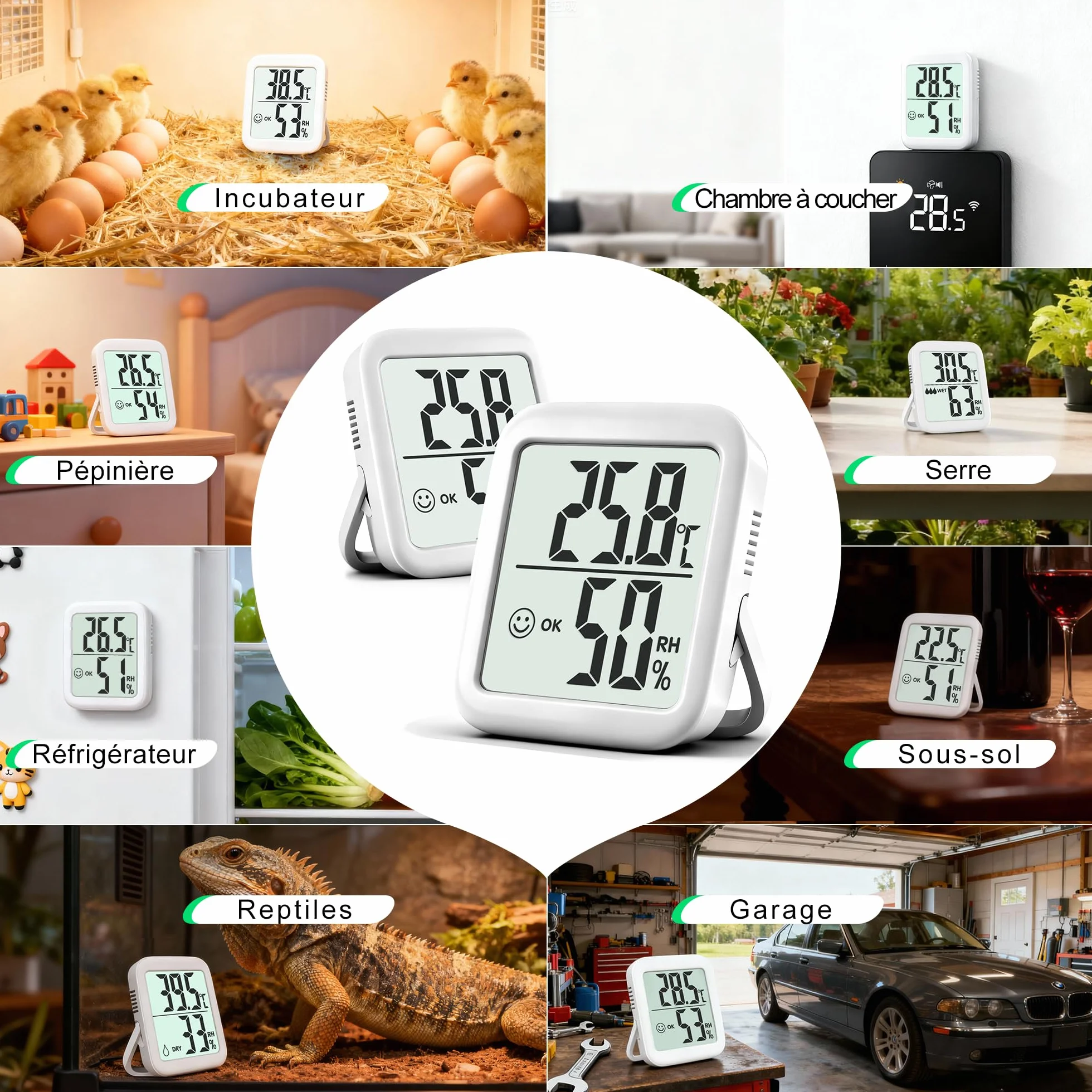Antonki 2 Pièces Hygromètre Intérieur Thermomètre Moniteur Température Humidité pour Maison Chambre Bureau Couveuse Plantes Reptiles Batterie Incluse