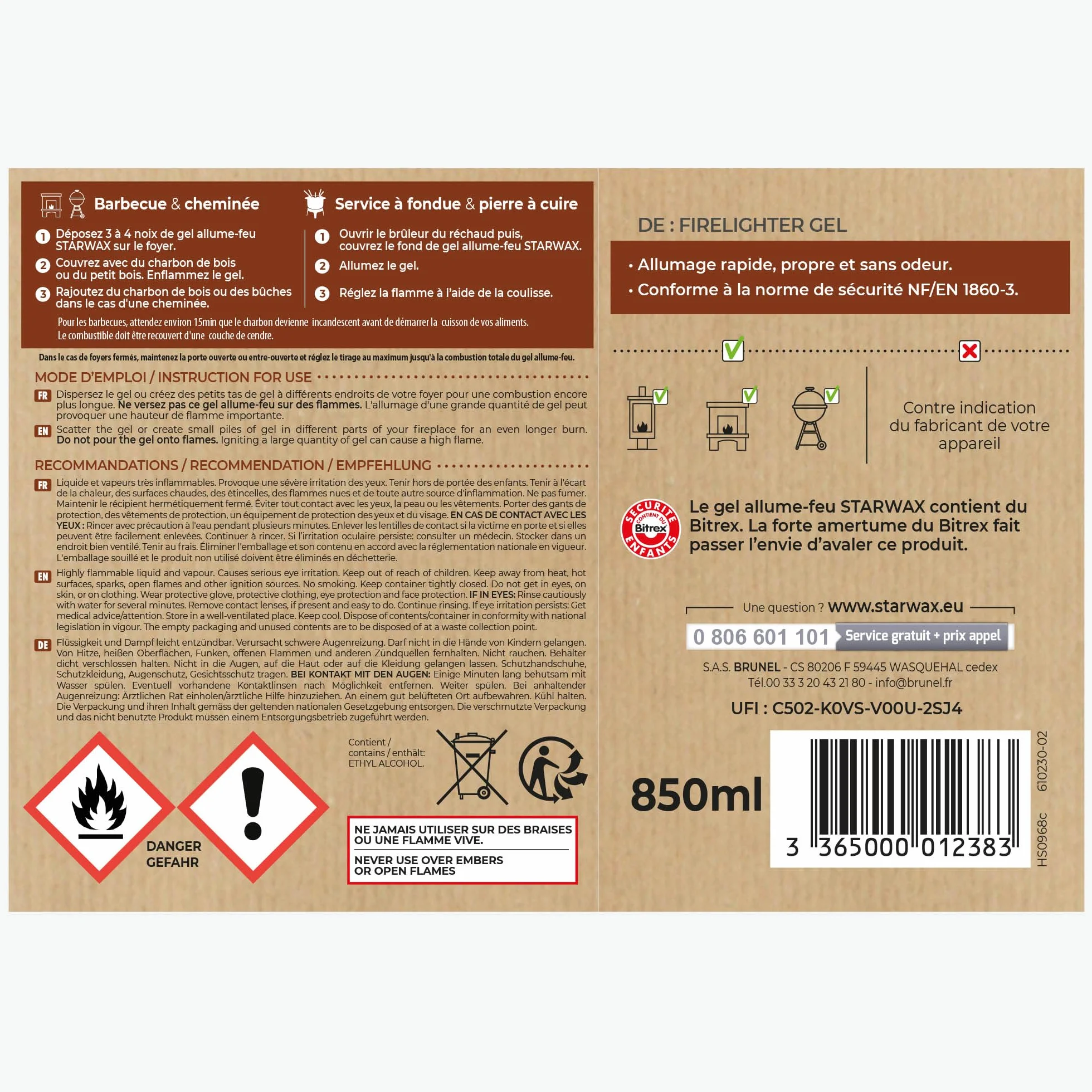 STARWAX Gel Allume Feu Barbecue Cheminée sans Odeur Bitrex 850ml