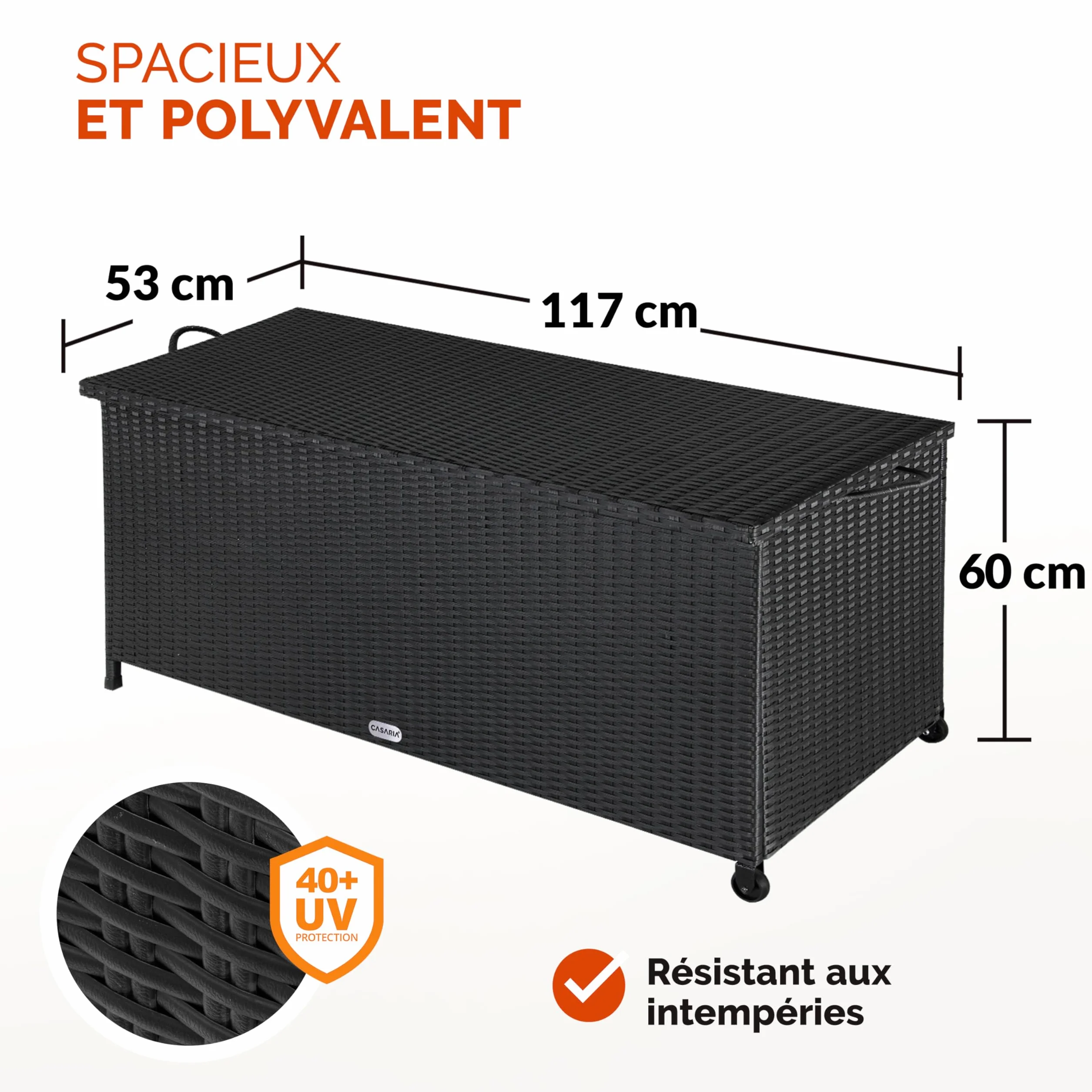 Casaria Coffre de jardin XXL Noir 270 L Polyrotin étanche Vérin à gaz 117x53x60 cm
