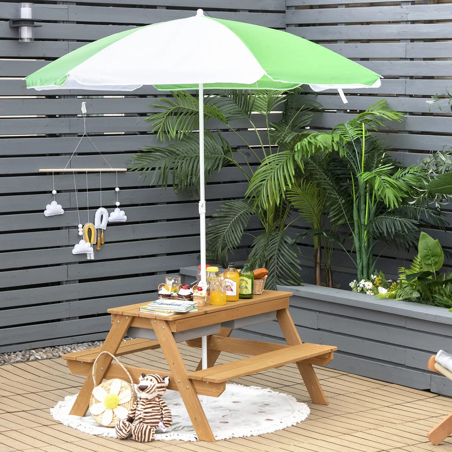 COSTWAY 3 en 1 Table de Pique-Nique Enfants avec Parasol Amovible, Table de Jardin, 2 Boîtes Sable & Eau, Charge 50kg