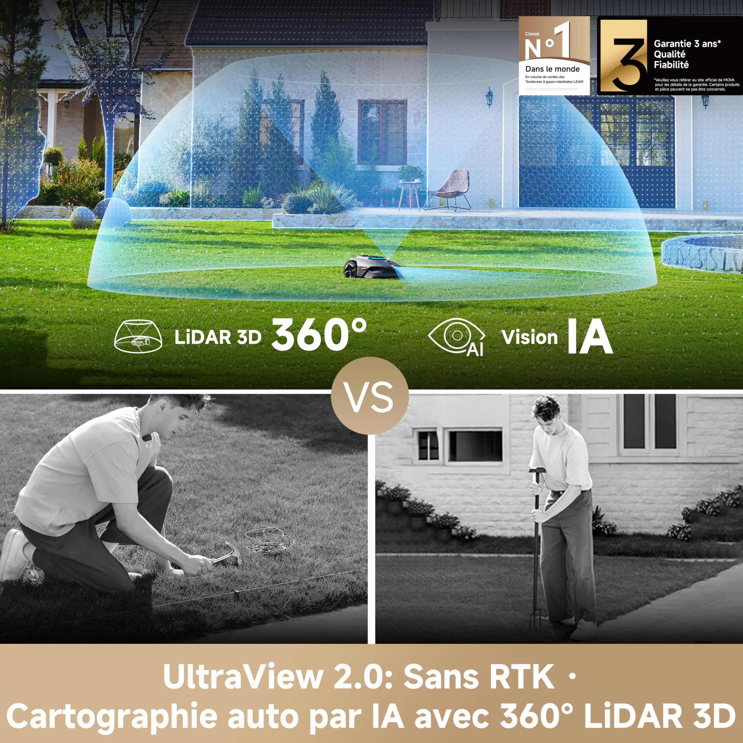MOVA LiDAX Ultra 1200 Robot Tondeuse sans Fil, Cartographie IA LiDAR 3D 360°, 1200 m², Coupe Bordures 5 cm