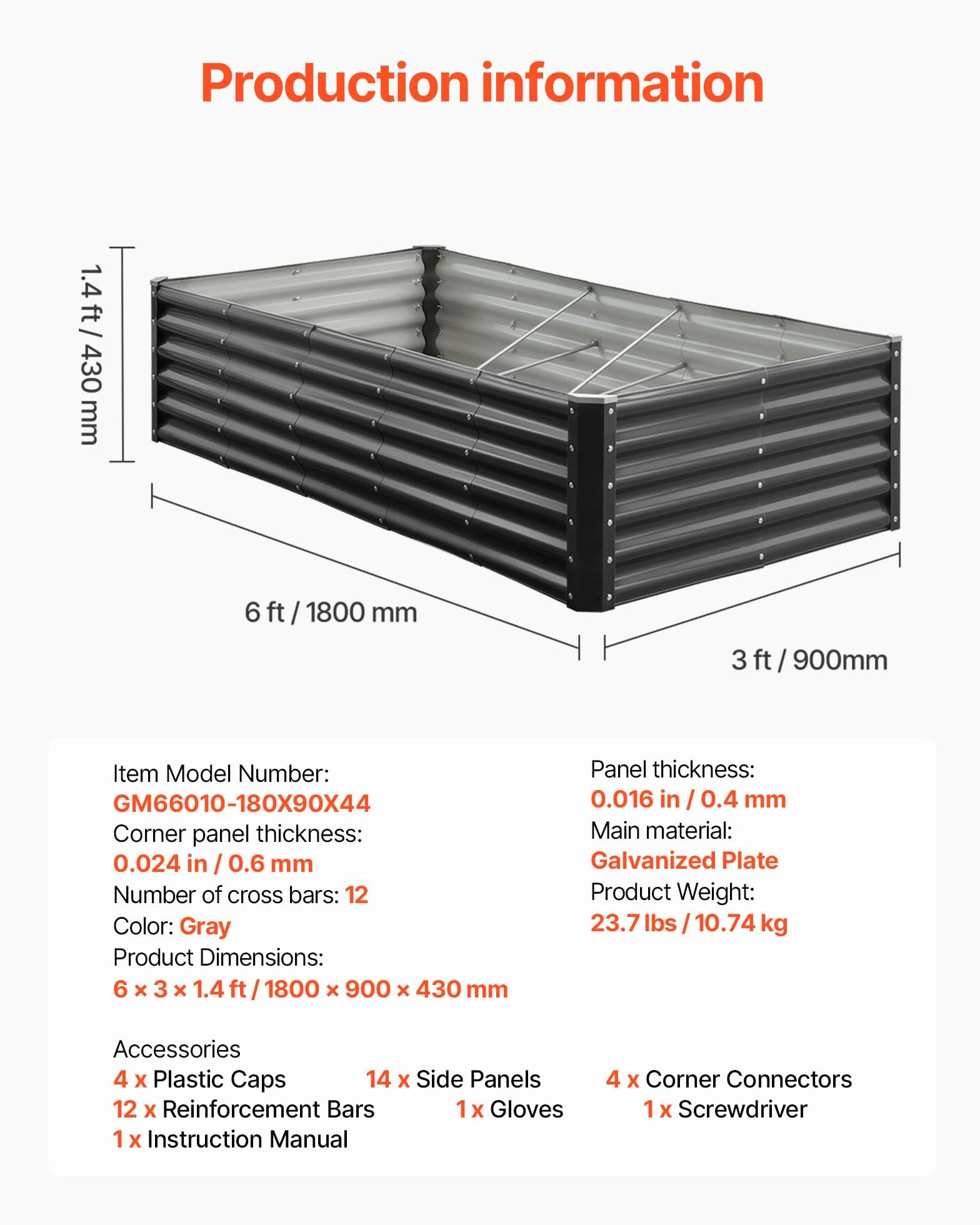 VEVOR Potager Surélevé Métal 180x90x43 cm Carré Galvanisé Lit de Jardin Fond Ouvert Gris Foncé