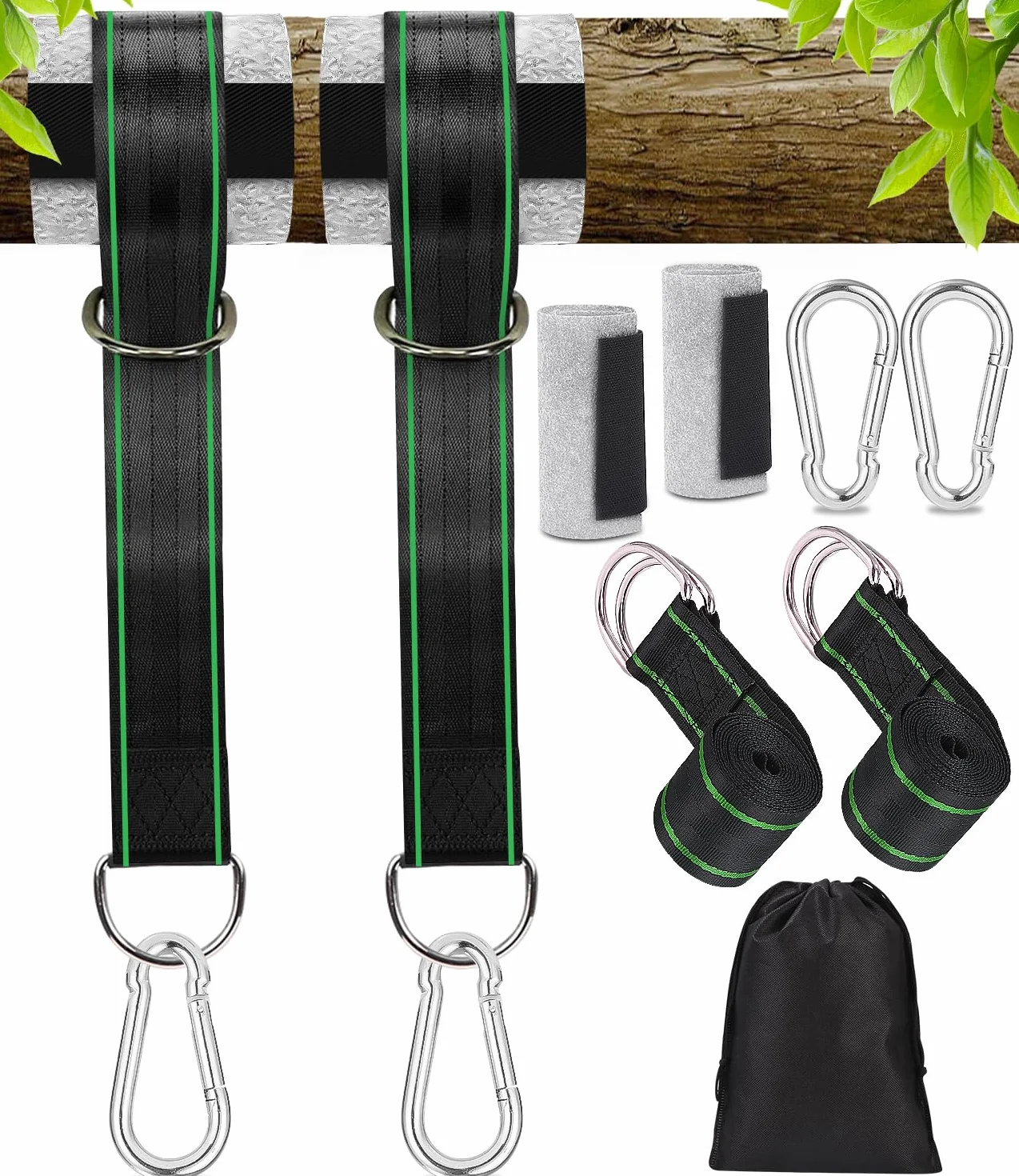Sangle de Suspension 2 x 200 cm avec D-Ring, Protection d'Arbre pour Balançoire et Hamac Vert