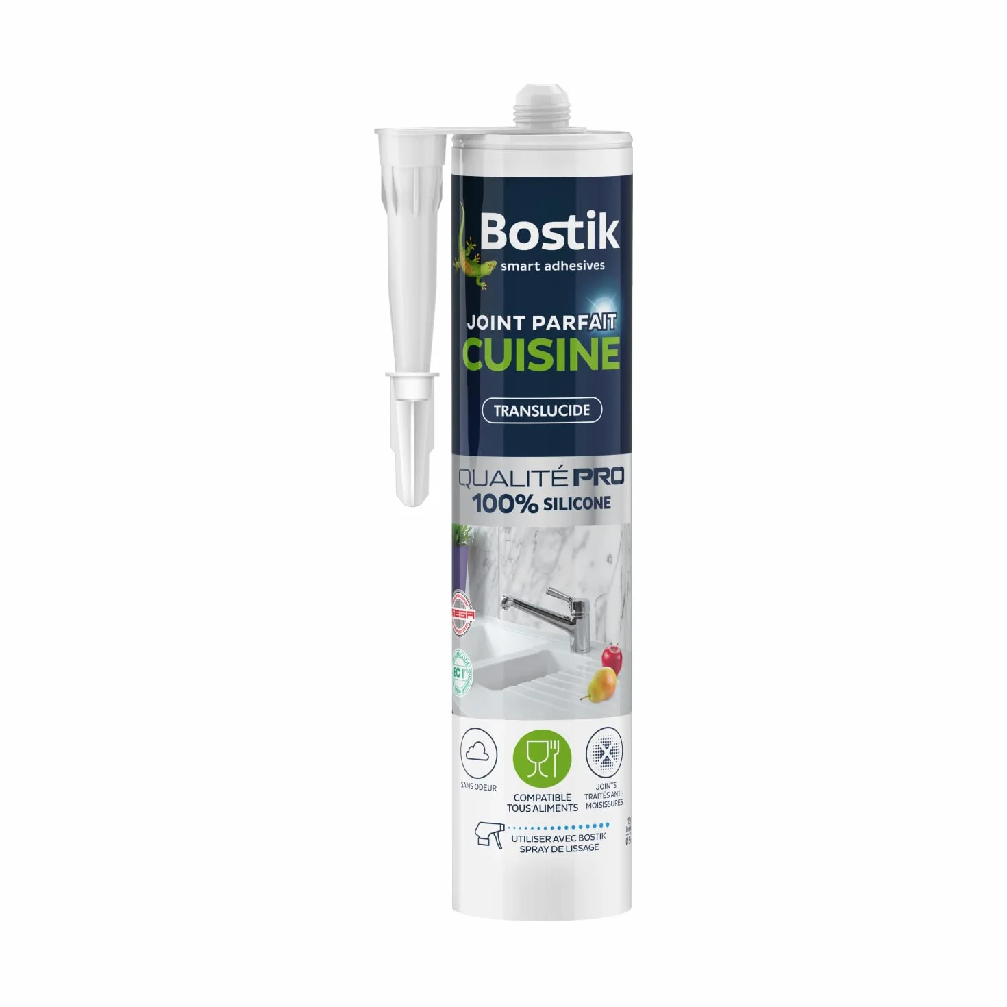 Bostik Mastic d’Étanchéité Joint Parfait Cuisine – Jointe Tous Matériaux – Sans Odeur – Traité Anti-Moisissures – Certifié Contact Alimentaire - Formule 100% Silicone – Couleur : Transparent – 280 ml