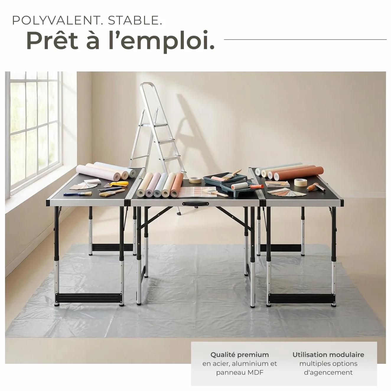Tectake Lot de 3 Tables Pliantes Multifonction 100 x 60 cm Aluminium Hauteur Réglable 4 Niveaux Camping Barbecue