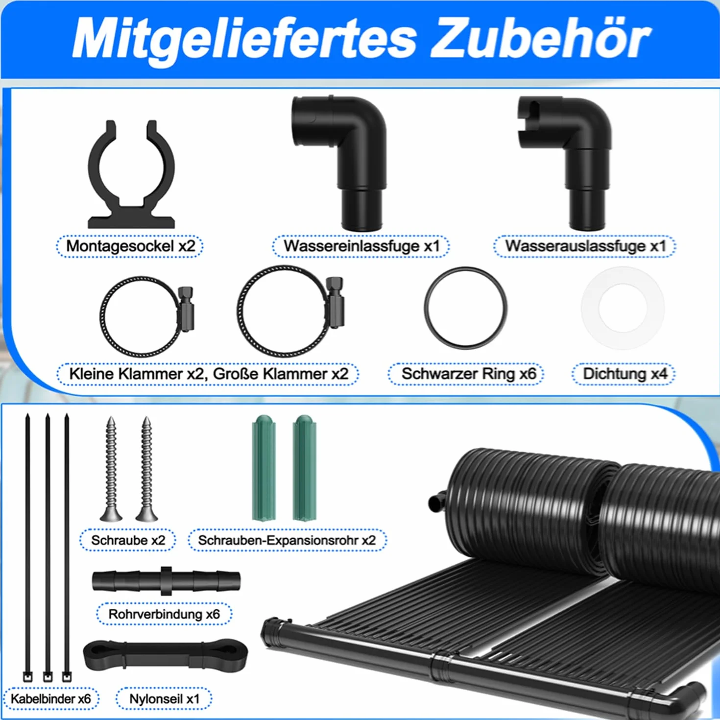 Ensemble de chauffage solaire pour piscine 500x140 cm, absorbeur solaire modulaire avec colliers et raccords