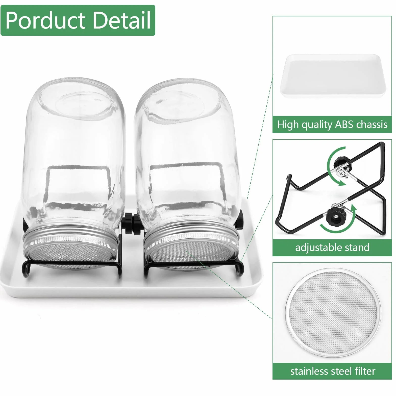Bocaux à Germer en Verre 950 ML Lot de 2 avec Supports Réglables et Filtres en Acier Inoxydable