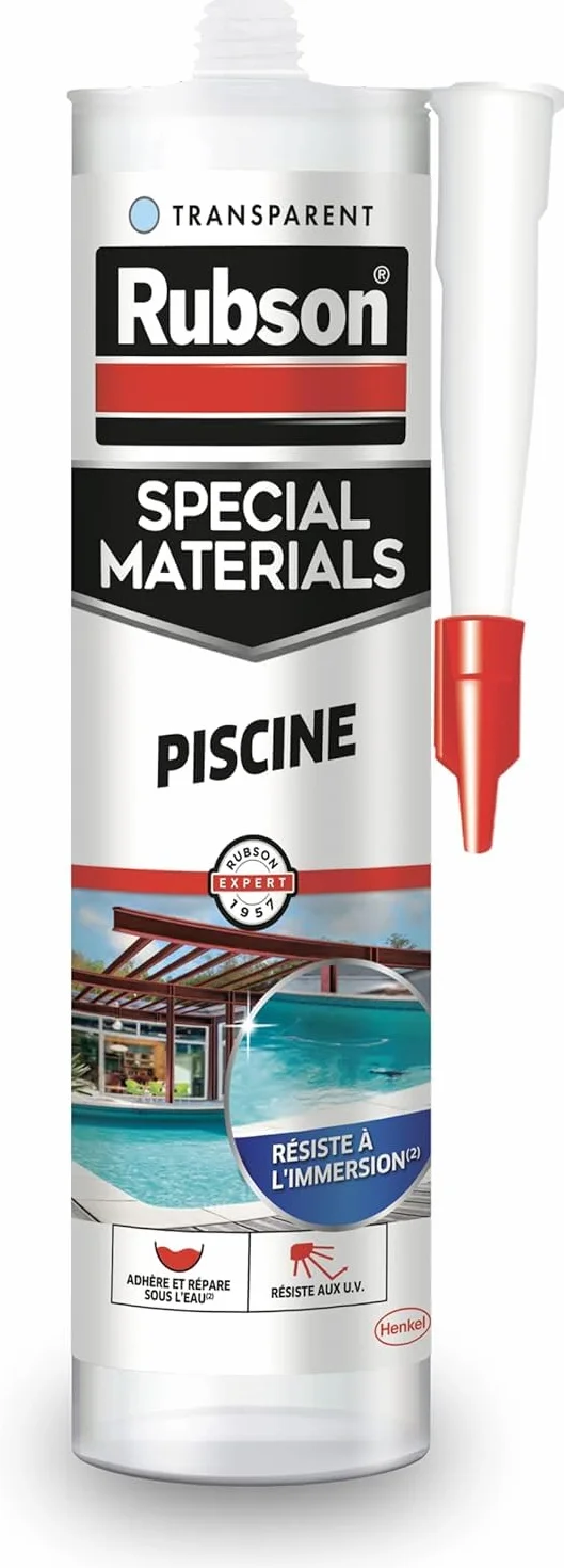 Rubson – Mastic Special Materials Piscine Transparent (cartouche de 280 ml) – Mastic étanche pour piscine et entourage – Colle pour réparation temporaire même sous l'eau