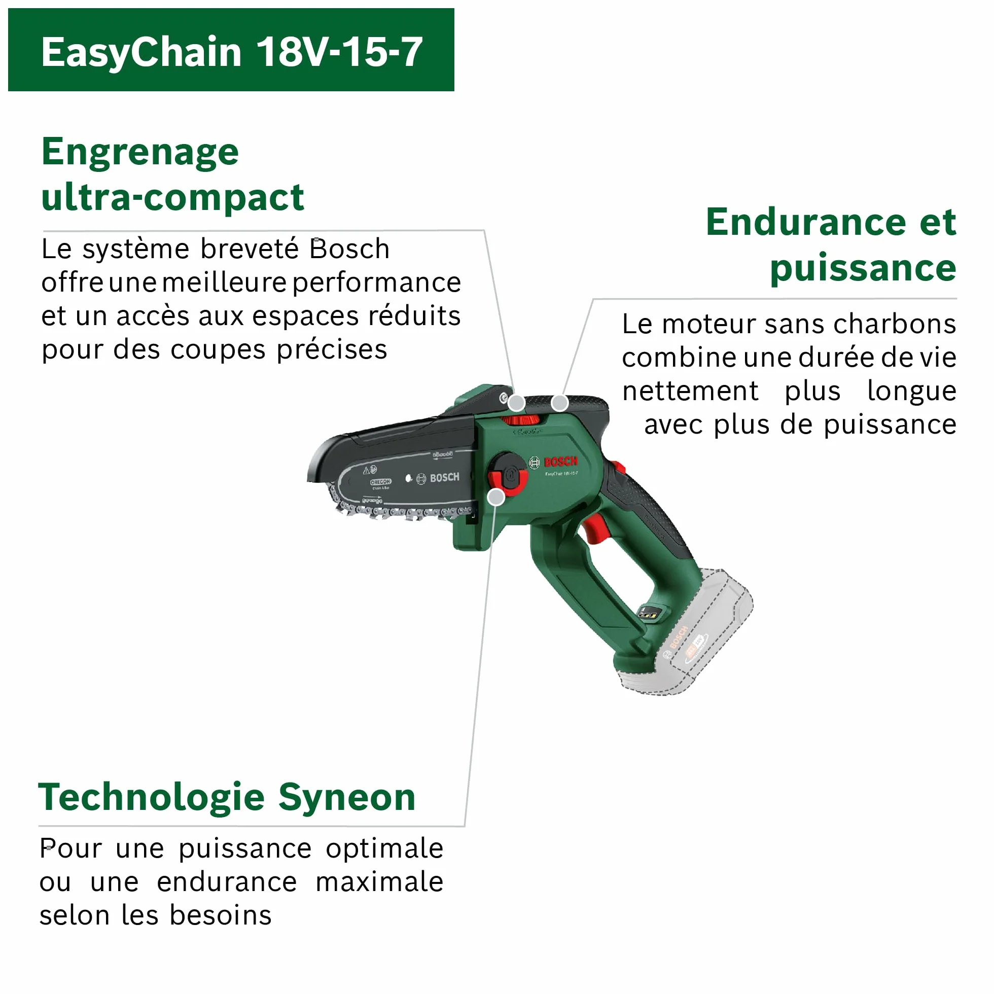 Bosch Élagueur sans fil compact/mini EasyChain 18V-15-7 (pour couper le bois ; système 18 V ; vitesse de la chaîne : 6,95 m/s ; sans batterie)
