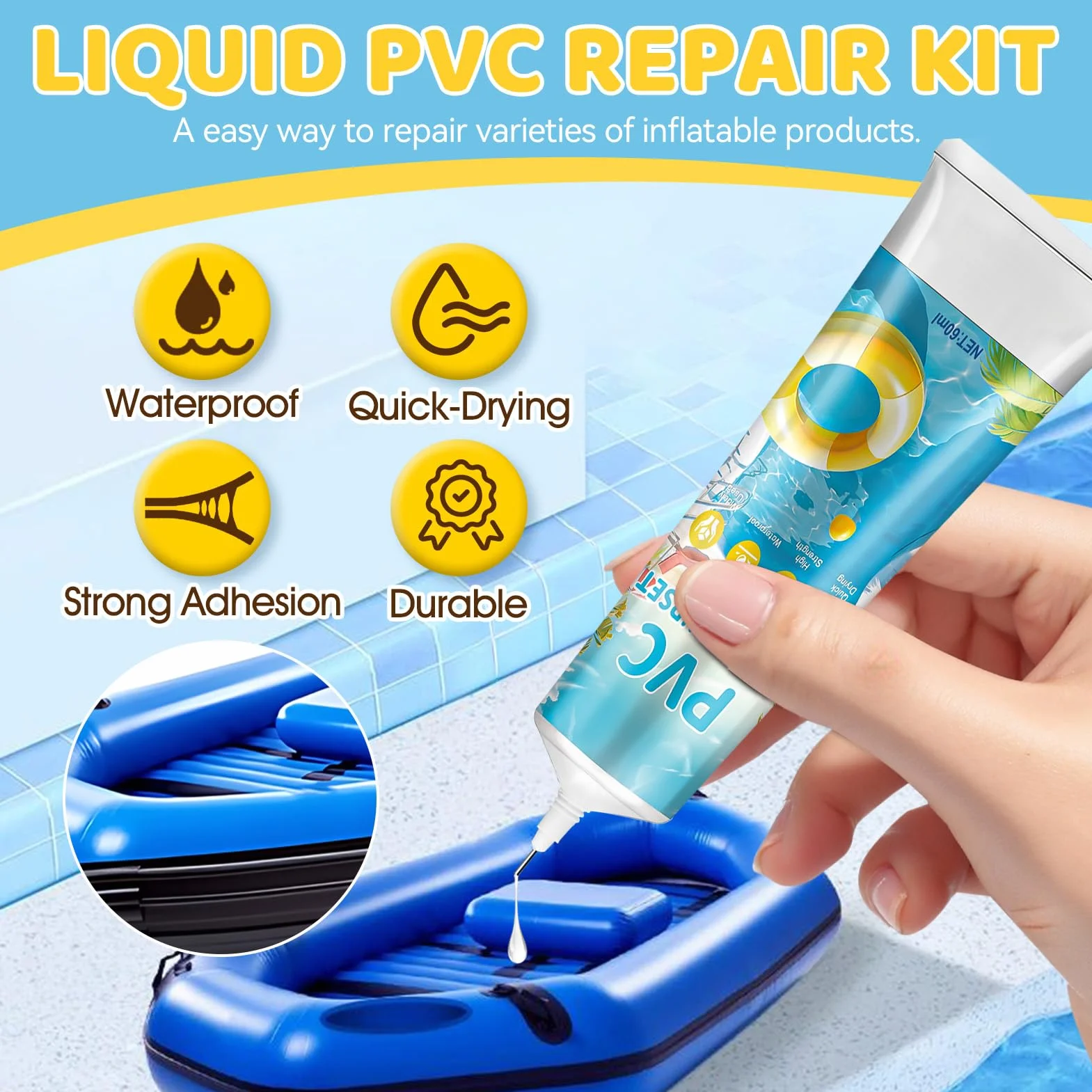 Kit de Réparation Piscine Colle PVC Rustine Matelas Gonflable Étanche 60ml