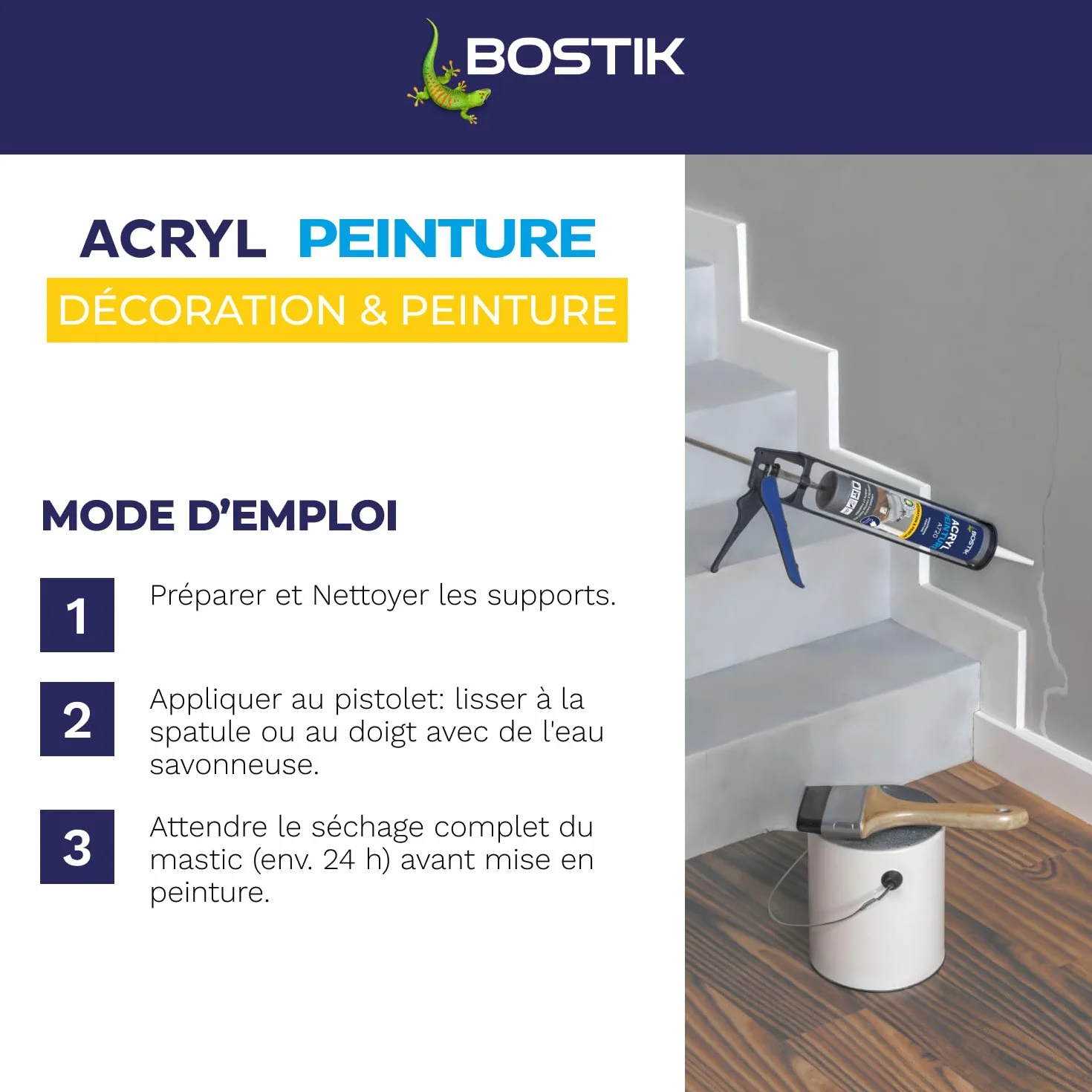Bostik Acryl Peinture – Mastic Acrylique – Intérieur – Spécial Peinture, Calfeutreutement et Fissures – Tous Matériaux – Blanc – Cartouche 310 ml