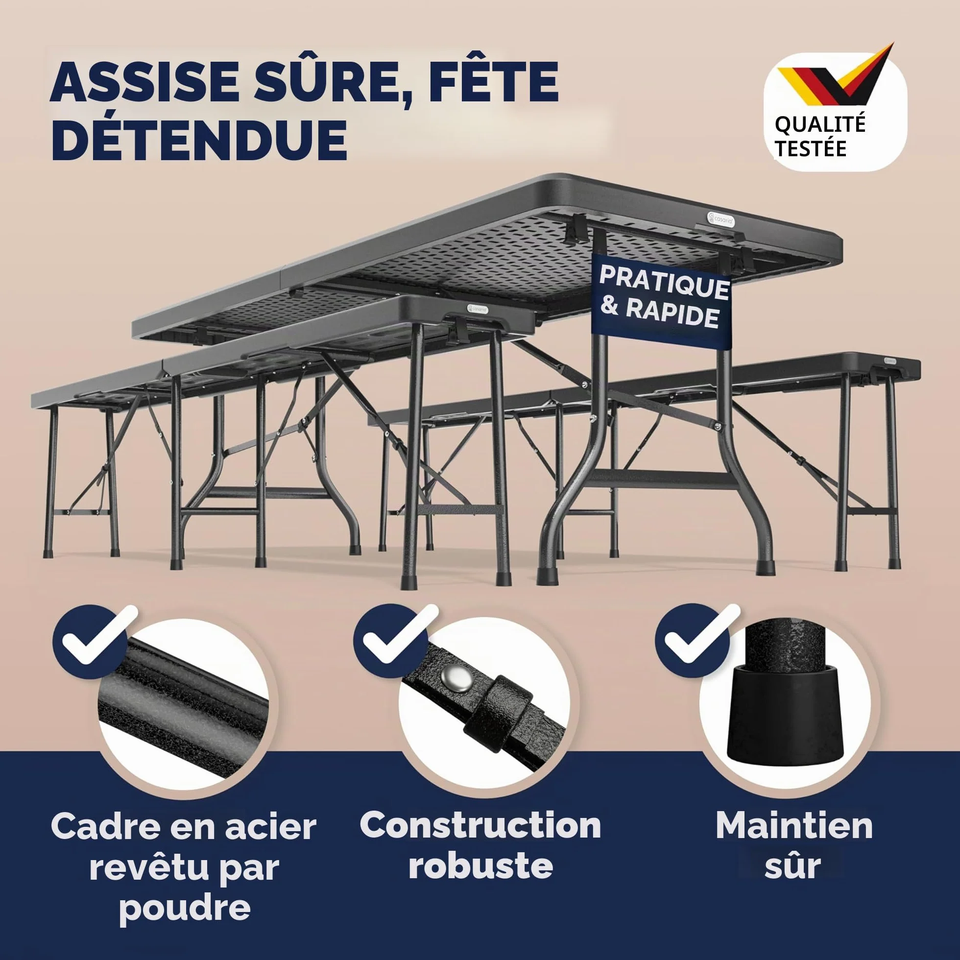 CASARIA Ensemble Table Pliante et 2 Bancs 180 cm Table de Jardin 8 Personnes