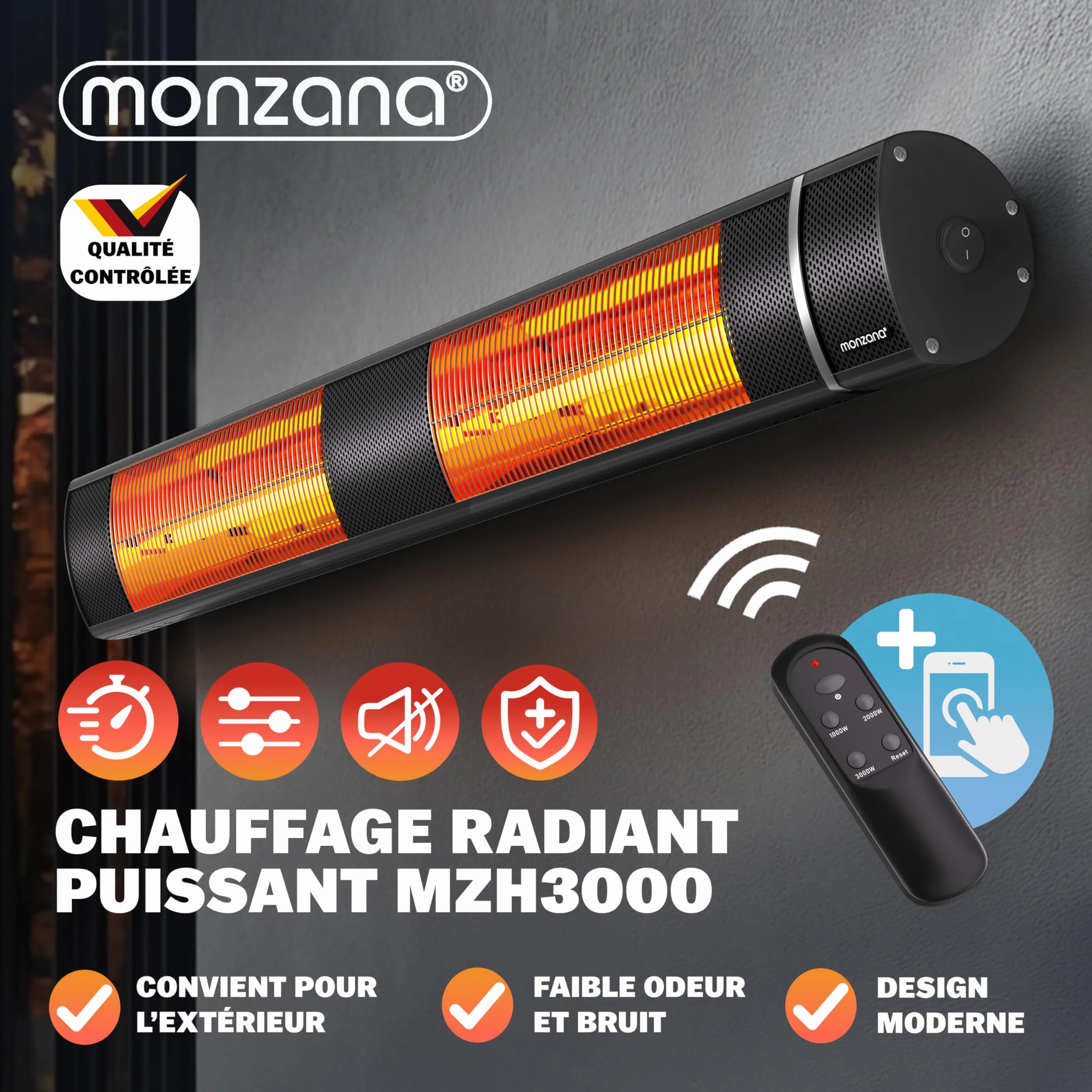 MONZANA Radiateur infrarouge MZH3000 2000W commande application 3 niveaux chauffage télécommande mural noir