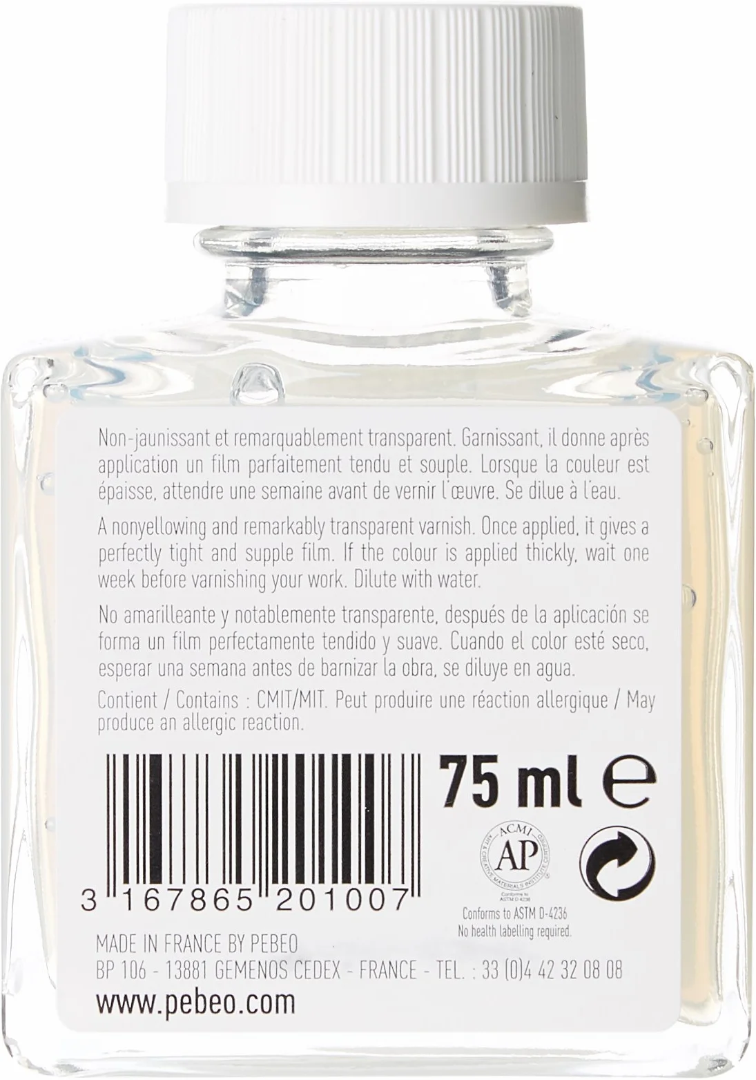 Pébéo Peinture Vernis Acrylique Brillant Phase Aqueuse 1 Flacon de 75 ml 520100