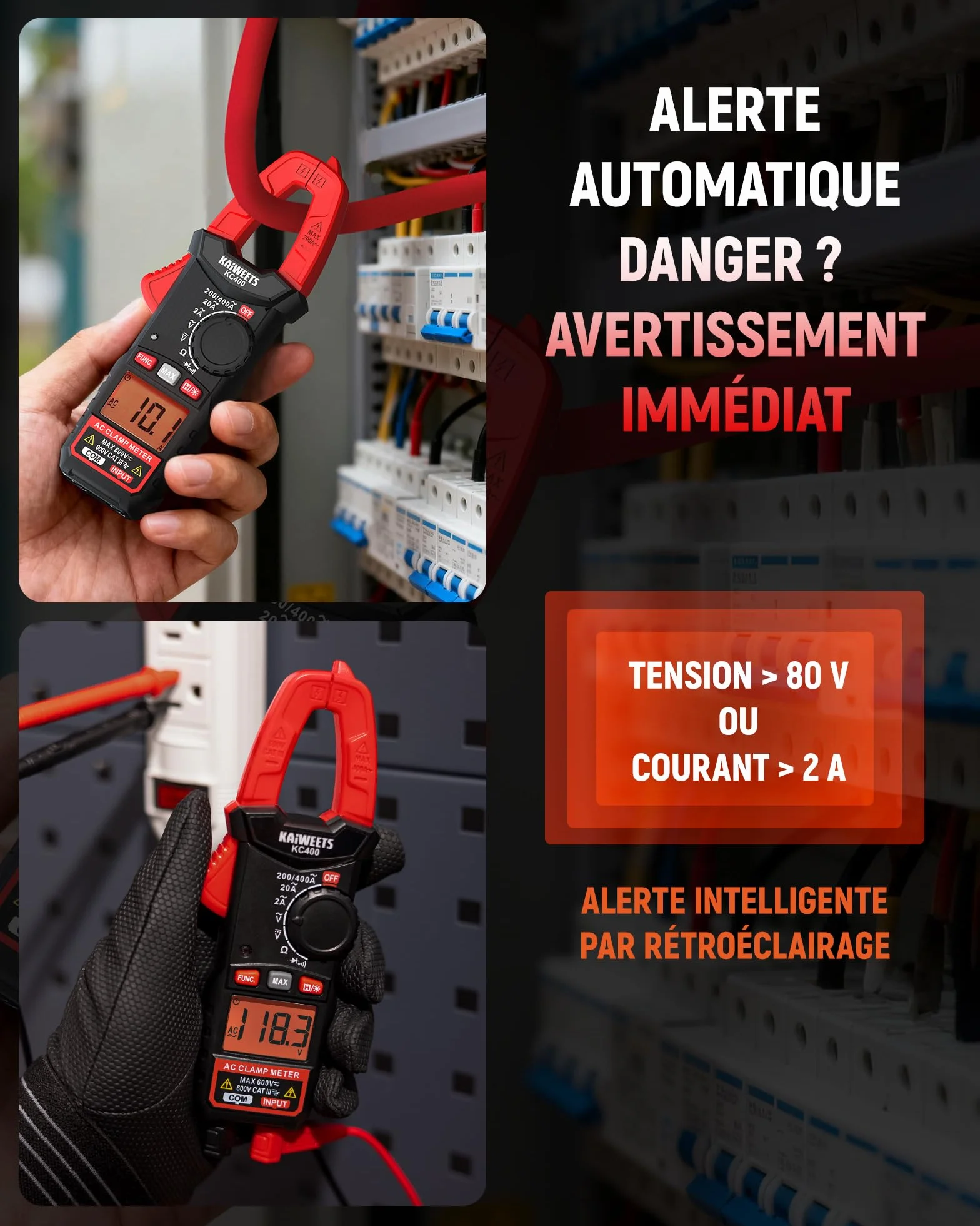 KAIWEETS Pince Ampèremétrique 400A avec NCV, Multimètre Automatique 600V Testeur de Tension AC/DC, 2000 Points, Voltmètre, Amperemetre, Résistance, Continuité & Diode, Compact, KC400