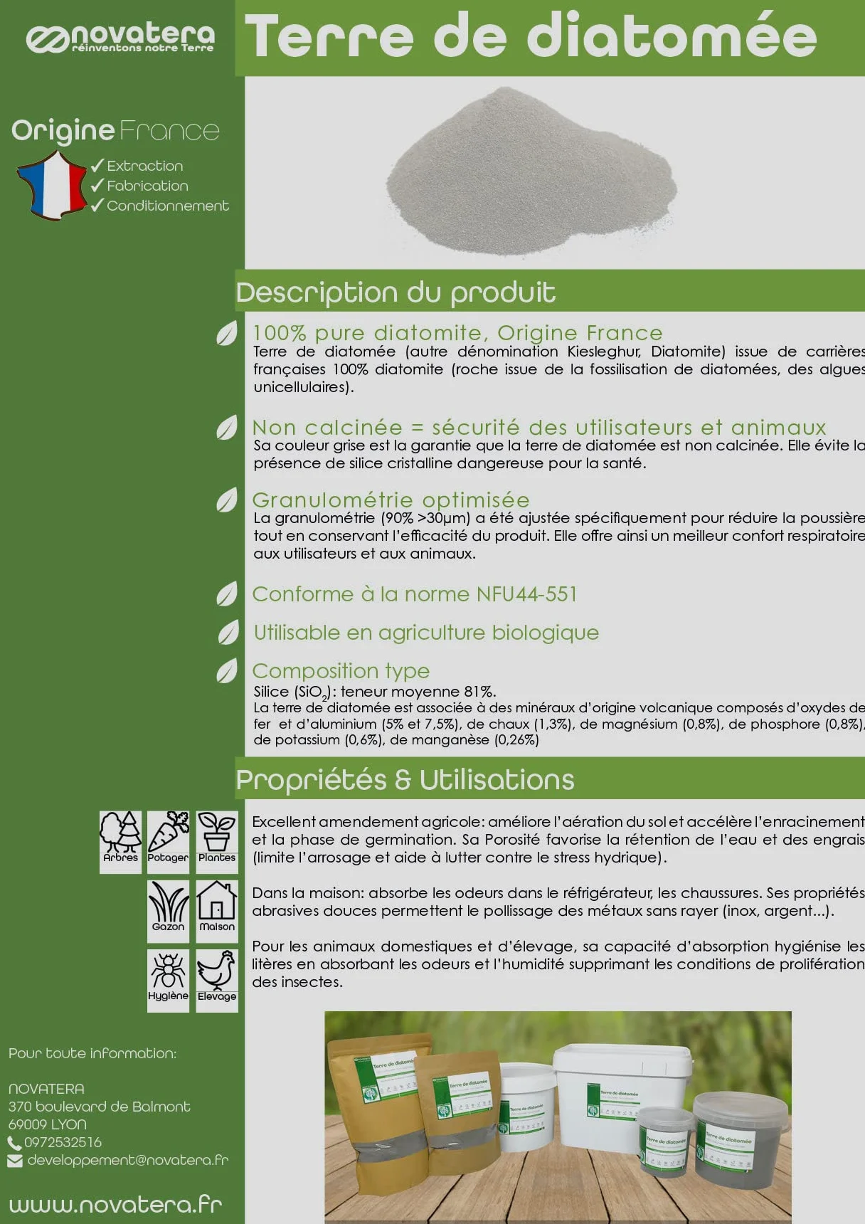 NOVATERA Terre de Diatomée Naturelle 100% extraite et conditionnée en France Ultrapure Non Calcinée Certifiée Agriculture Biologique Poudreuse 300g