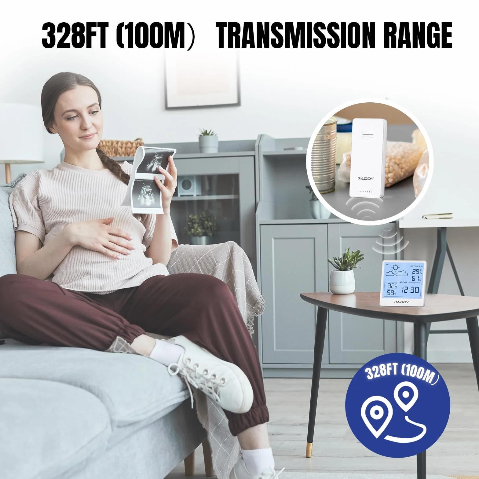 Raddy WF-50 Station météo sans fil thermomètre hygromètre intérieur extérieur 5" TN écran prévisions météo capteur à distance barométrique Blanc