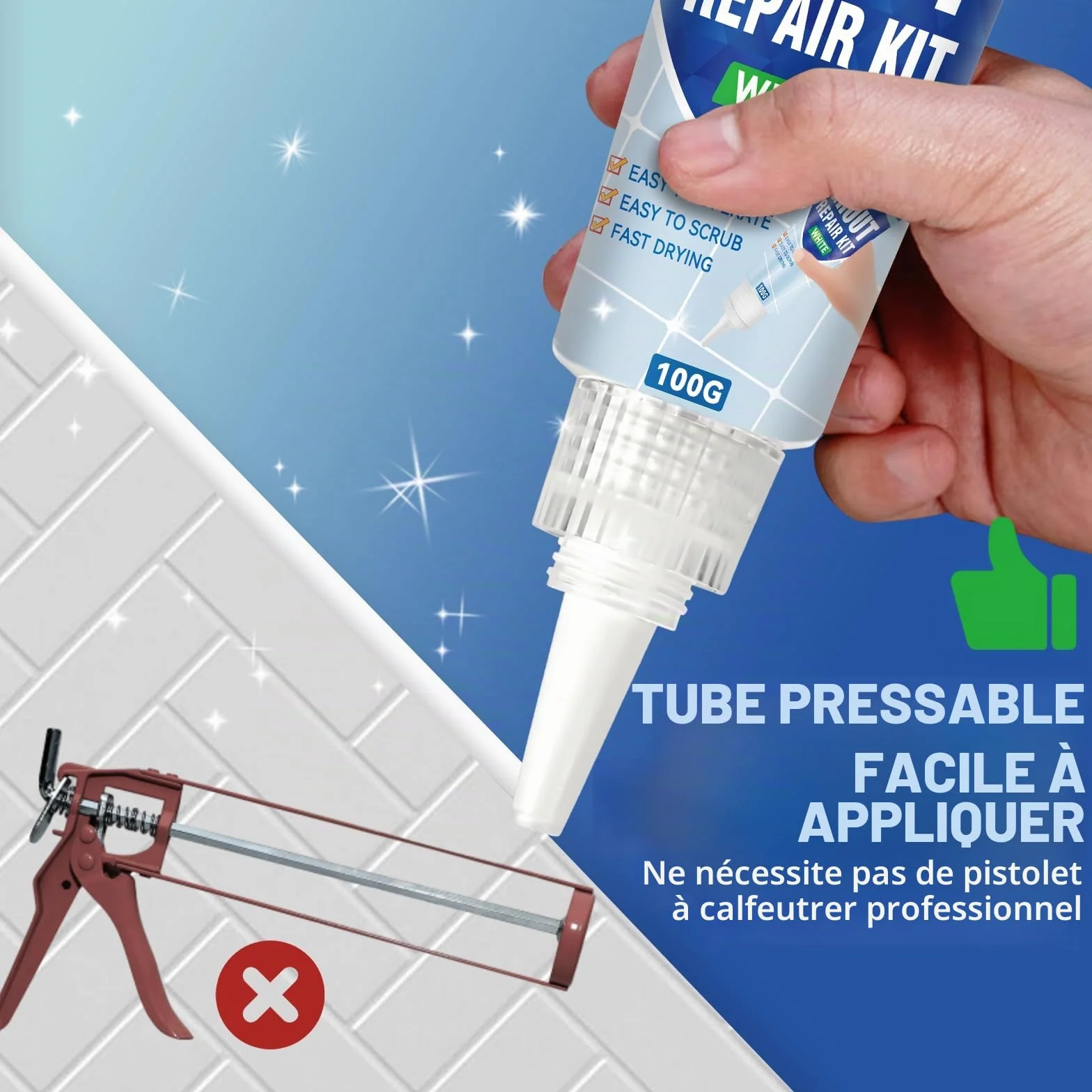 Kit de réparation de carrelage blanc à séchage rapide pour joints de salle de bain, douche, sols et murs (Blanc 100 g x 2)