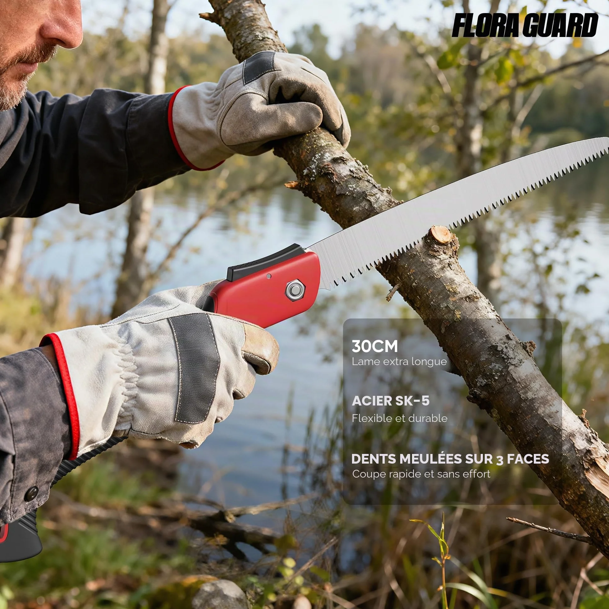 FLORA GUARD Scie à Élaguer 30 cm, Lame en Acier SK5 Haute Qualité, Scie à Main avec Dents 3D pour Taille des Arbres et Camping