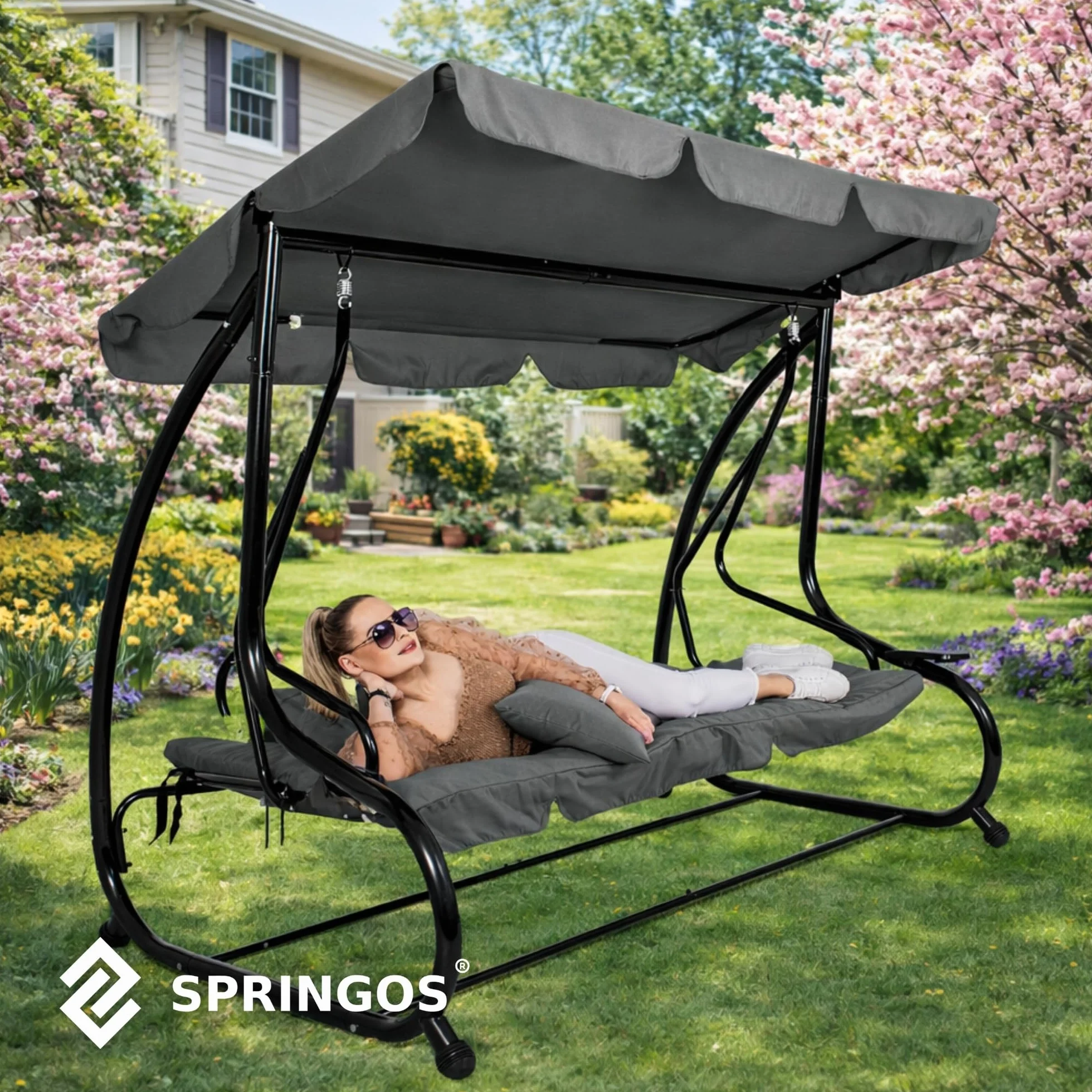 SPRINGOS Balancelle de Jardin 4 Places 220 x 162 cm avec 2 Coussins Porte-Gobelet Toit Réglable Balançoire Jardin Acier Gris