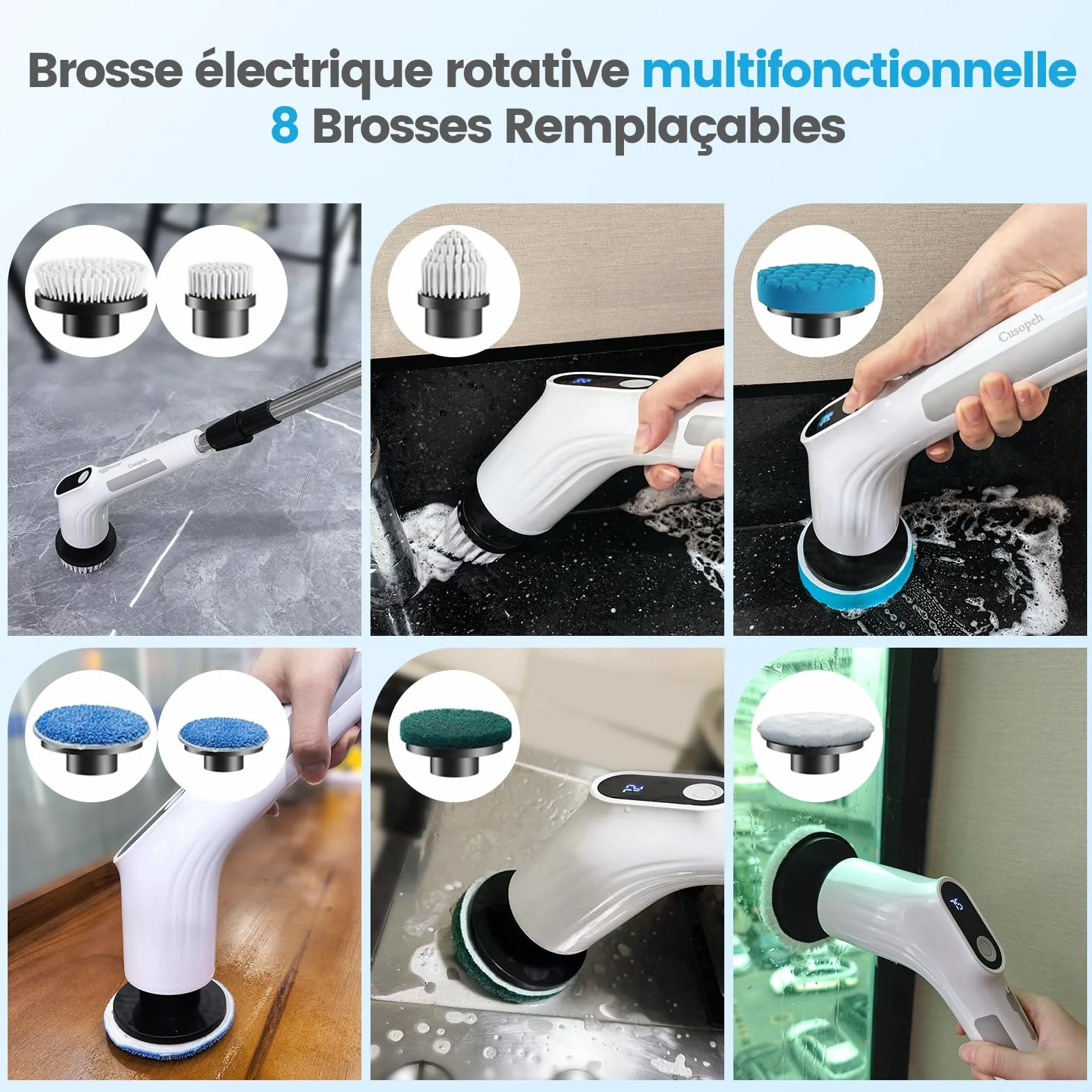 Brosse Rotative Nettoyage Electrique avec 8 Têtes Interchangeables, Rechargeable Brosse Nettoyage Salle de Bain, 2 Vitesses réglables,pour Salle de Bain, Cuisine, Carrelage et Sol
