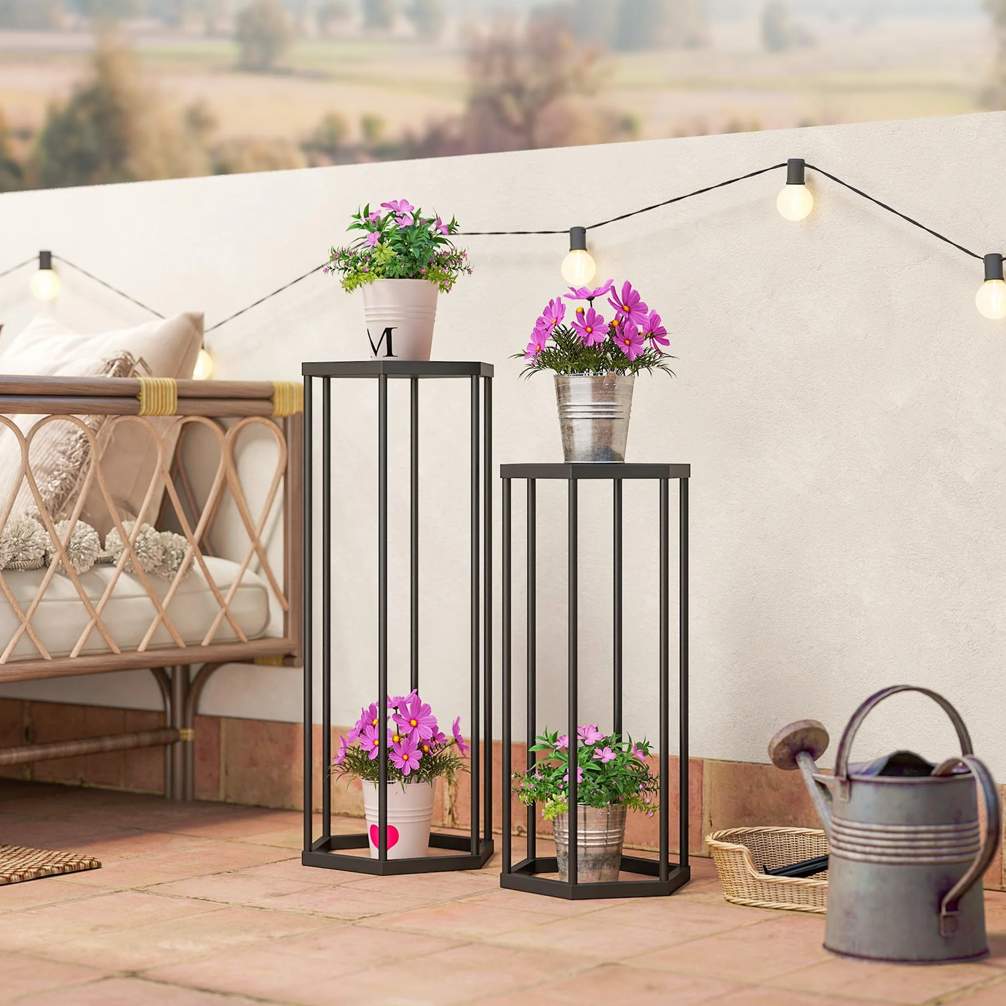 Outsunny Lot de 2 supports pour plantes hexagonal en métal noir, porte-plante haut intérieur extérieur