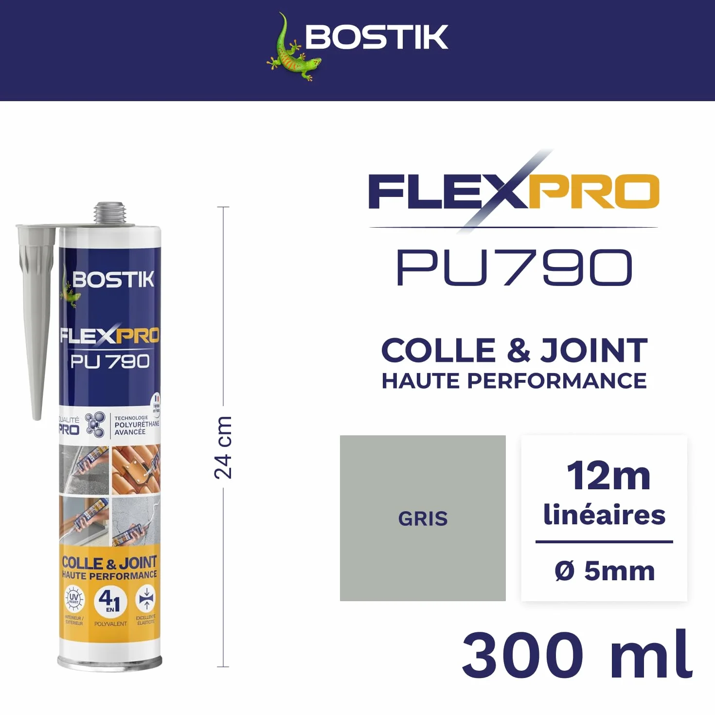 Bostik Colle Flexpro PU 790 Gris – Mastic Colle et Jointe Multi-Usages – Tous Matériaux – Intérieur/Extérieur et Milieux Humides – Formule Polyuréthane Haute Performance – 300 ml