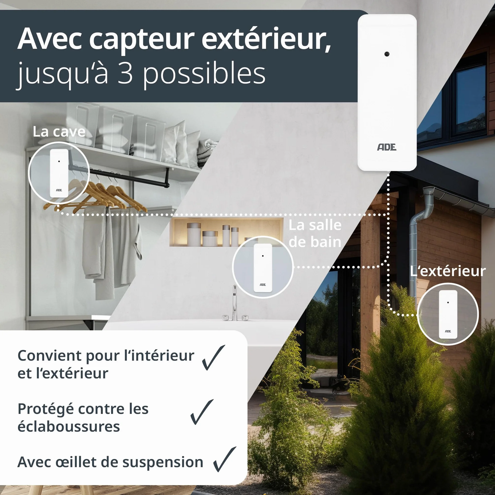 ADE Petite station météo numérique avec capteur extérieur, prévisions météo, température, humidité, horloge radiopilotée, réveil, blanc