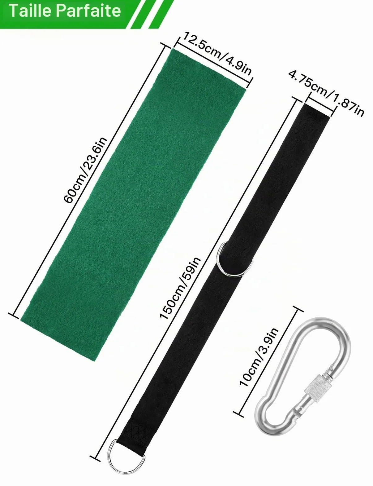 Sangle hamac arbre 2 x 150 cm D-Ring mousquetons charge max 500KG