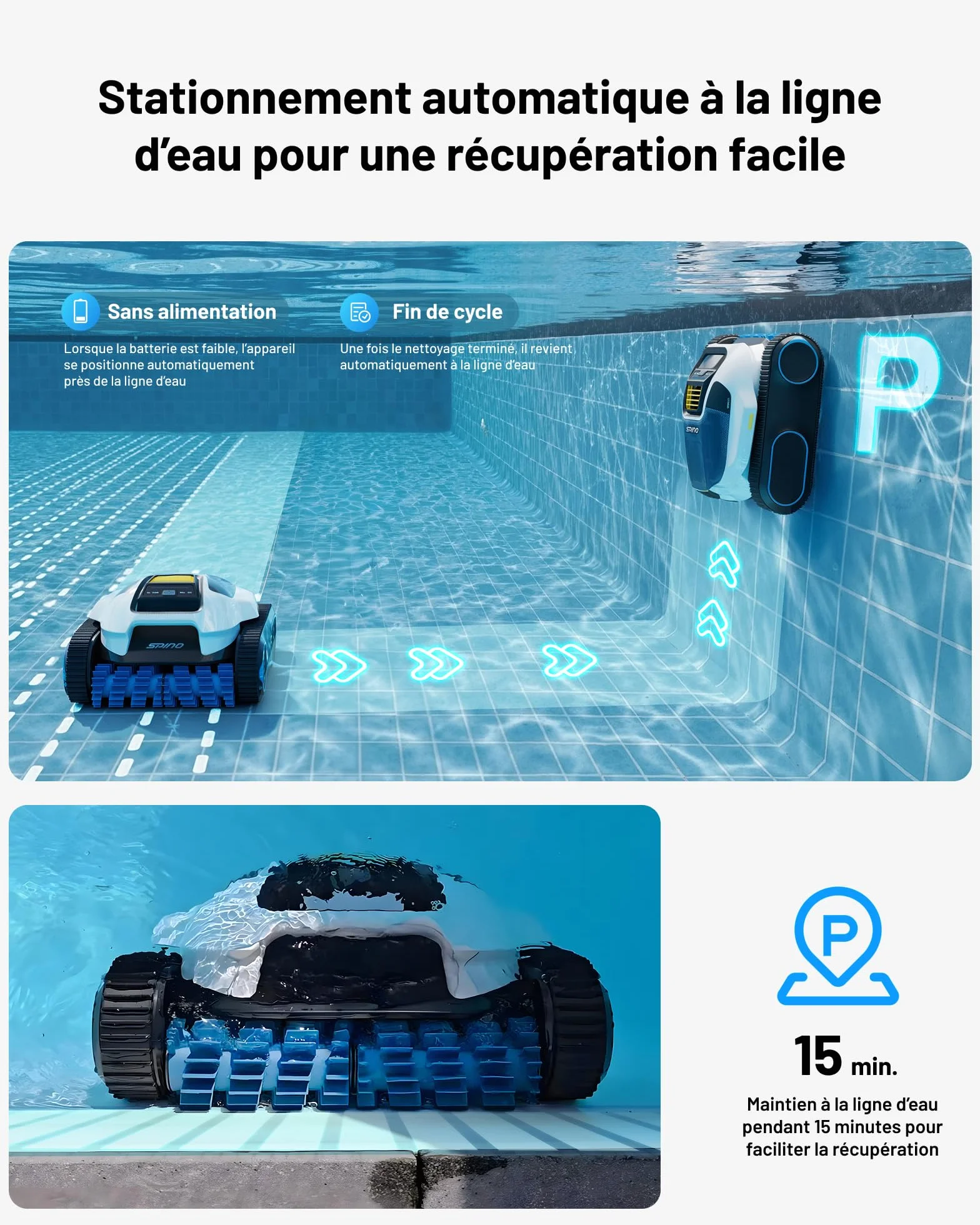 SPINO E1 Robot Piscine Fond et Parois, 210 Min Autonomie, 21950 LPH Aspiration, 5 Modes, SmartArc, App, Idéal 150㎡