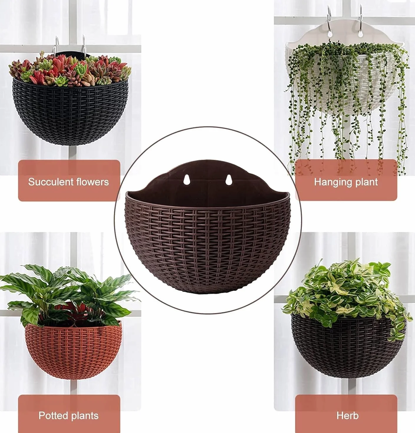 Lot de 2 pots de fleurs muraux semi-circulaires à suspendre en plastique 25 cm café