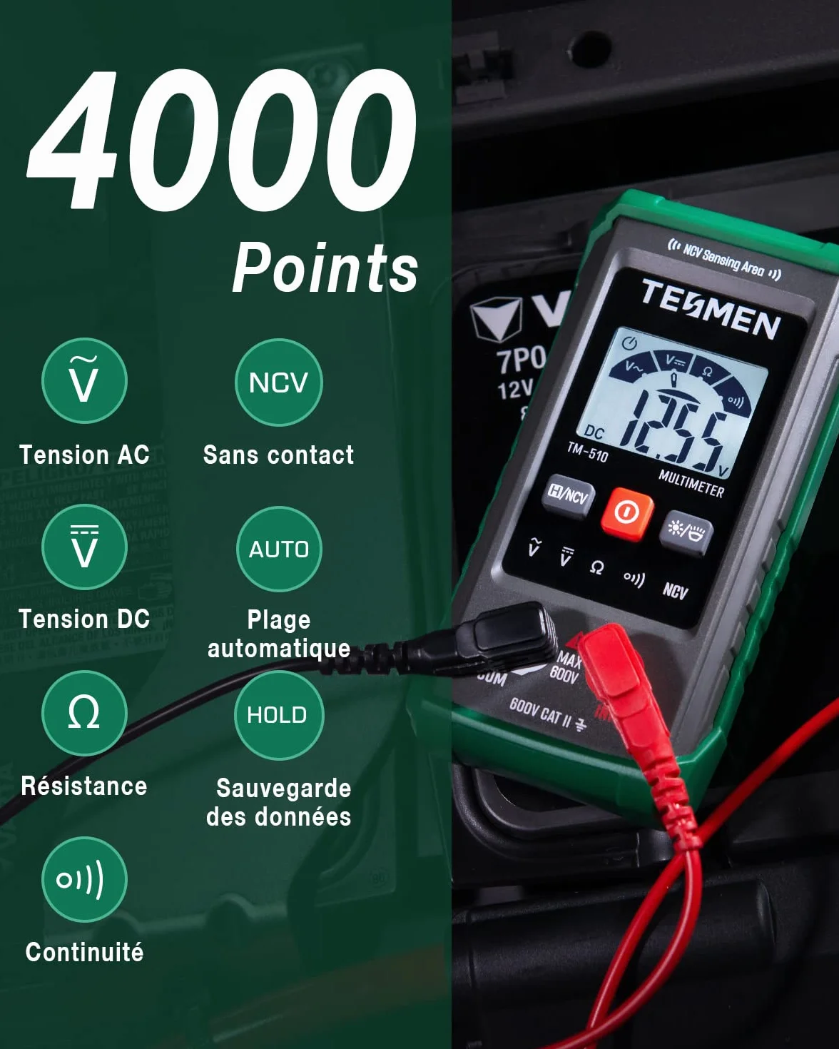 TESMEN TM-510 Multimetre Numerique, Testeur Electrique 4000 Comptes, Multimetre Professionnel Mesure Intelligente, Auto-Ranging Voltmetre, Mesure La Tension AC/DC, Resistance, Continuite – Vert