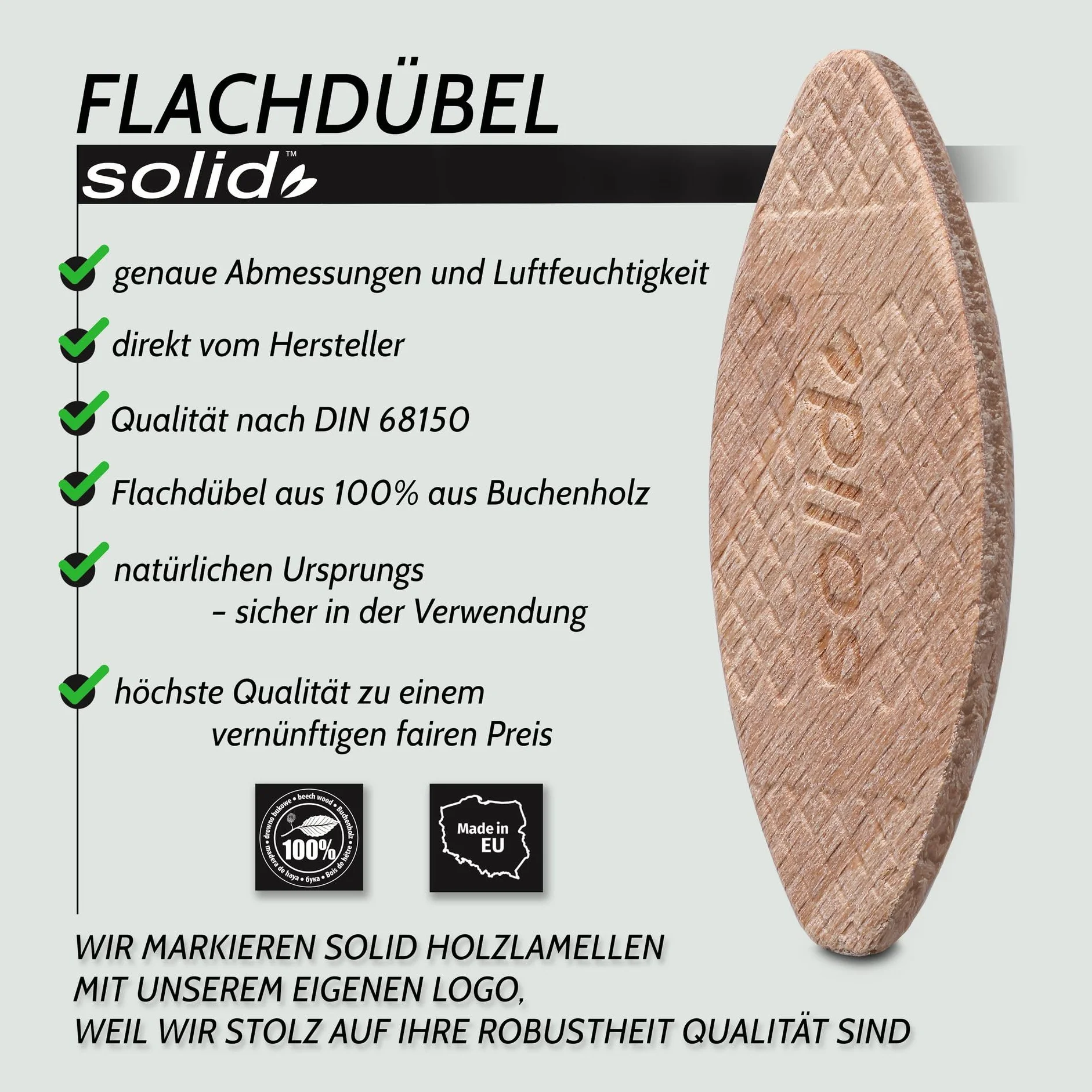 Solid Lot de 500 chevilles plates en bois Taille « 10 » - Chevilles plates - Chevilles de raccordement - Compatible avec la fraise à chevilles et les fraises à lamello