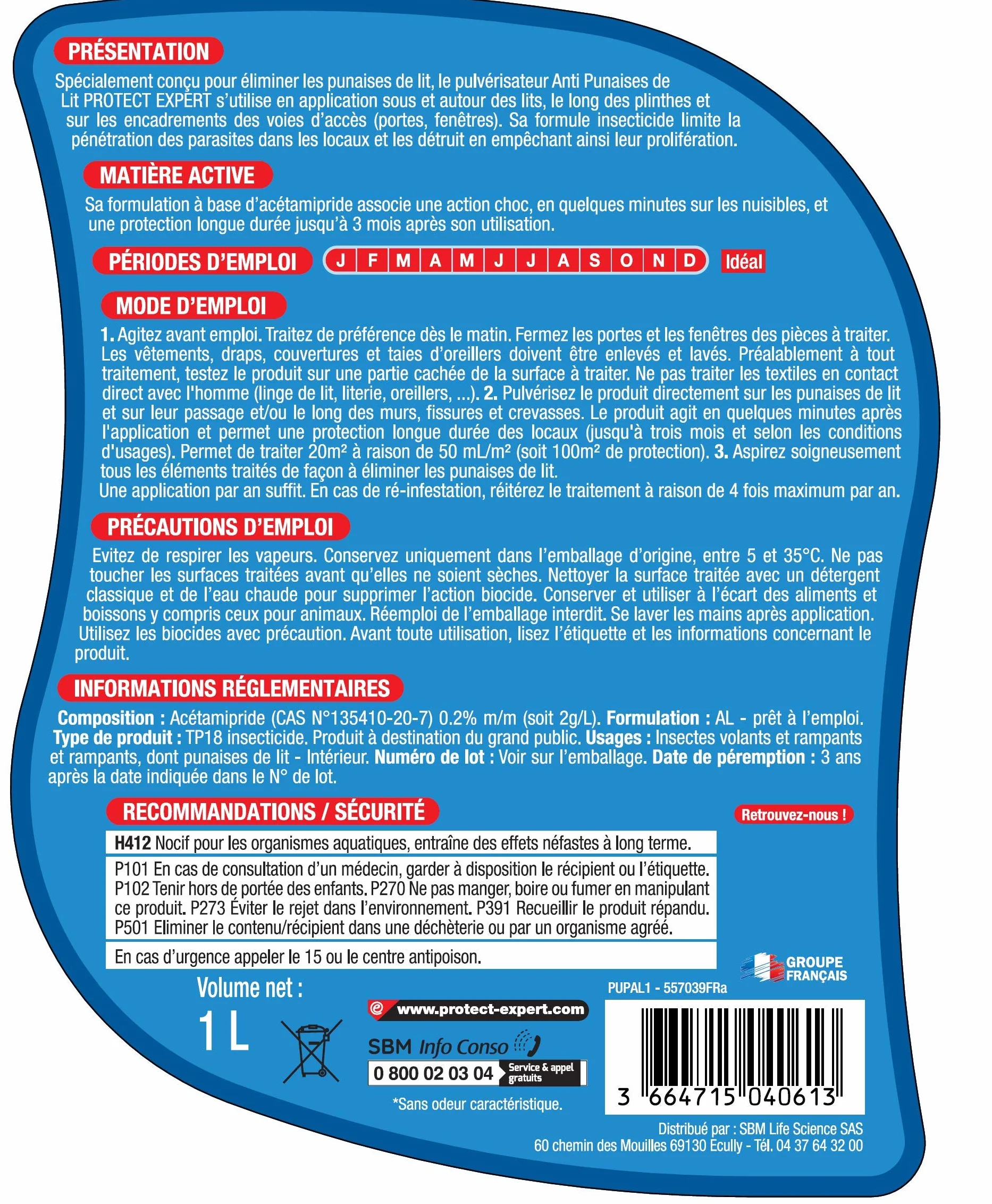 PROTECT EXPERT Anti Punaises De Lits & Acariens 1L - Élimine Larves et Adultes - Efficacité Longue Durée