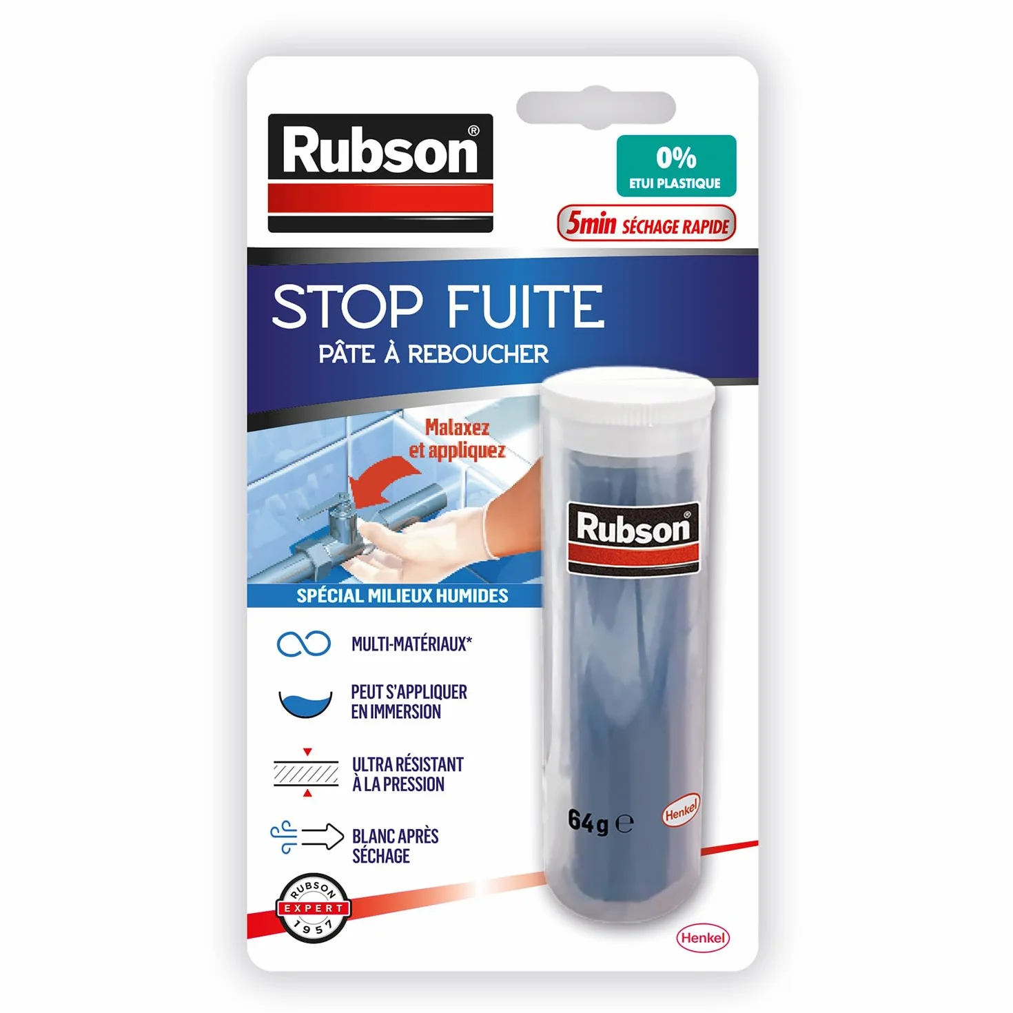 Rubson | Pâte à Reboucher Stop Fuite (bâton de 64 g) – Pâte époxy bi-composante pour réparer, colmater & reboucher tous matériaux – Auto-durcissante et résistante à l'eau et températures extrêmes