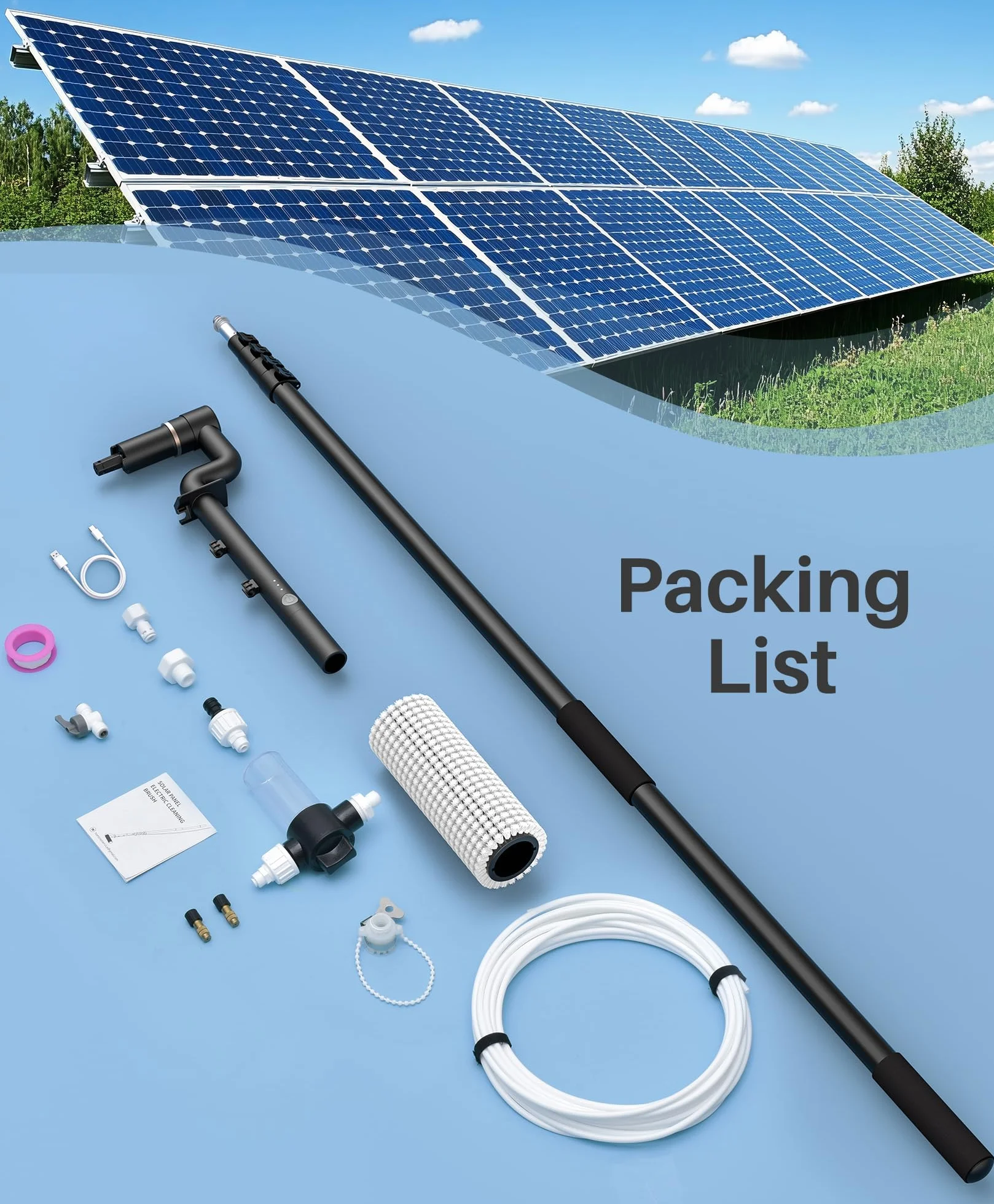LyriFine Kit de nettoyage pour panneaux solaires électriques, poteau extensible pour le nettoyage des fenêtres de 6 mètres avec tige télescopique à 5 étages, brosse de nettoyage de fenêtre à 2