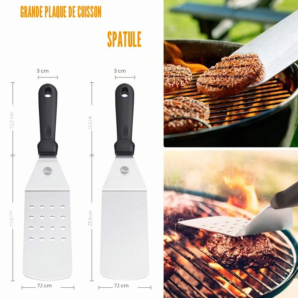 Ensemble de Spatule en Acier Inoxydable, Accessoires pour Plaque Chauffante BBQ Professionnelle, Spatule Plancha Teppanyaki