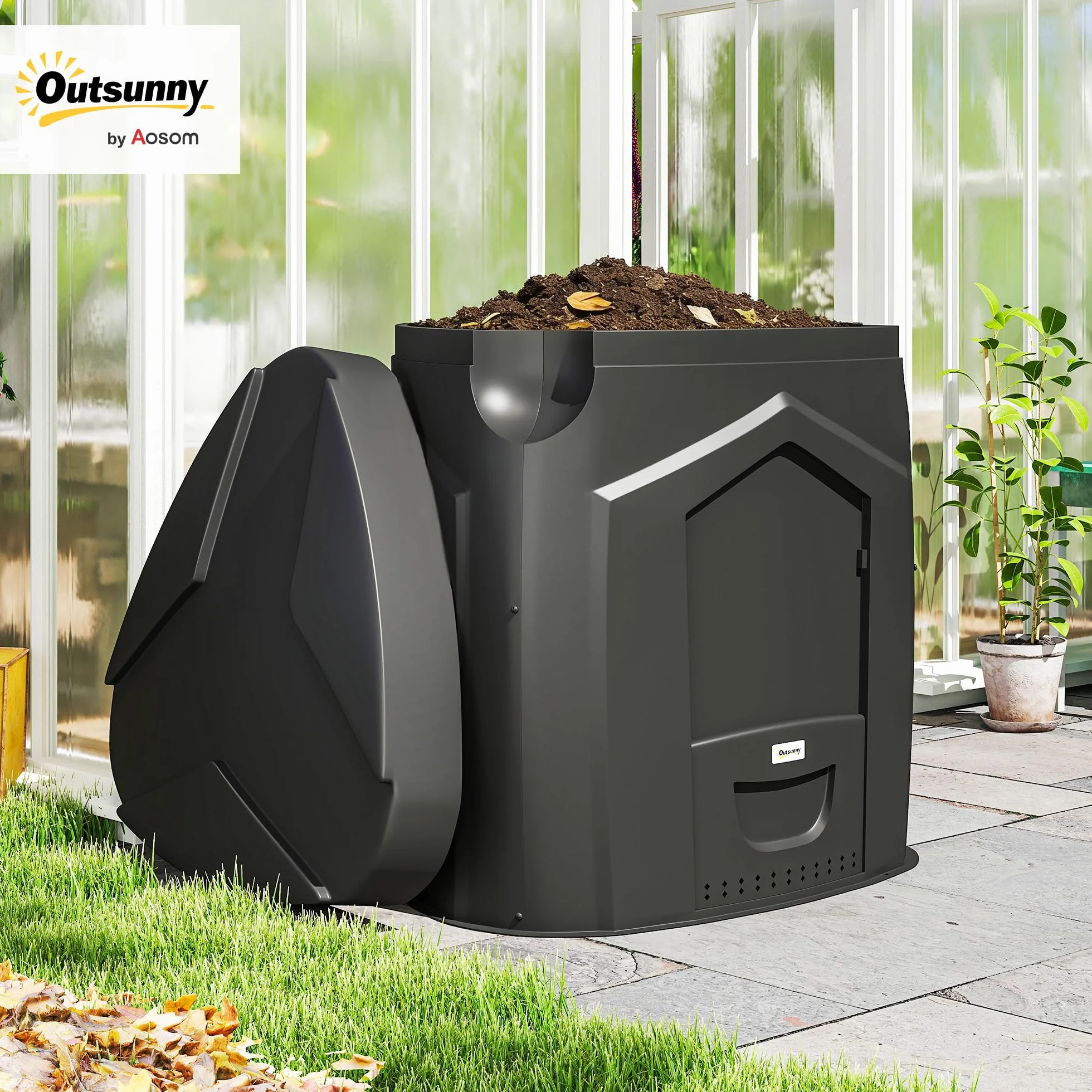 Outsunny Composteur de Jardin 240L Bac à Compost Triangulaire 78x75x78 cm Polypropylène 3 Portes Noir