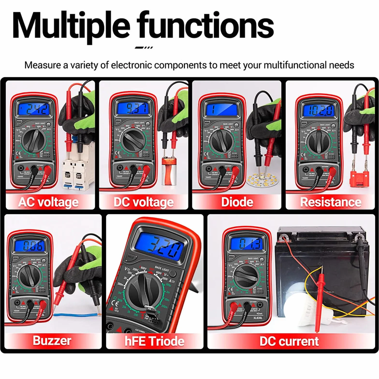 Multimètre Numérique Portable, Testeur Électrique avec écran LCD et rétroéclairage bleu,Mesure La Tension CA/CC, Ohmmètre, Courant CC, Résistance, Continuité, Diode, La batterie ne comprend pas