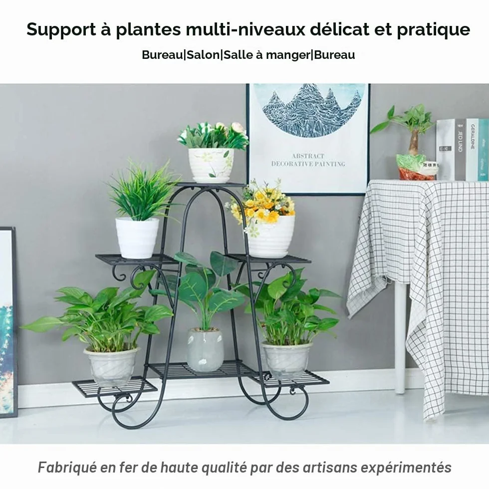 CarolynDesign Support de pot de fleurs à 6 étages en métal noir pour intérieur et extérieur