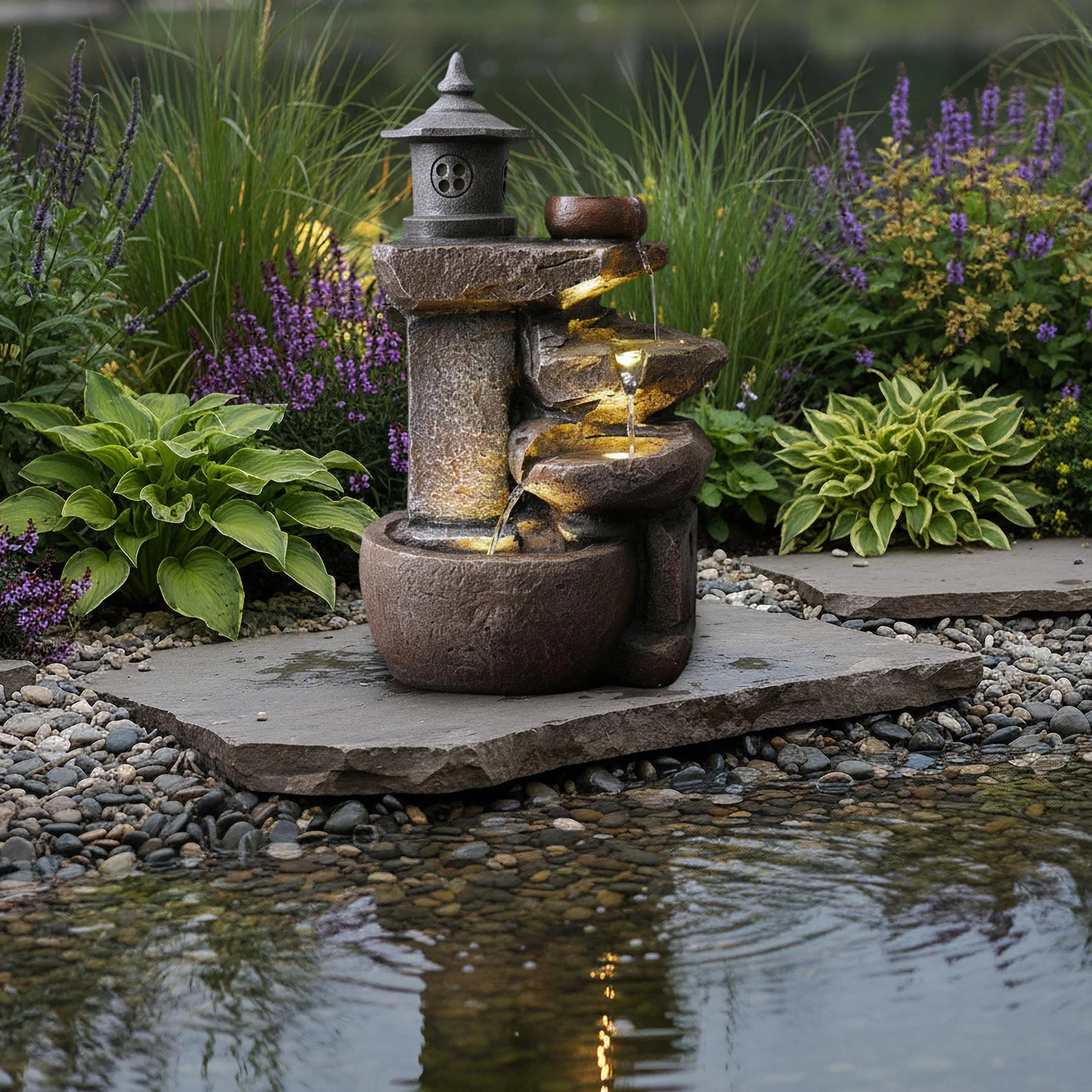 Arnusa BK851 Fontaine Cascade Avec Éclairage Marron Gris Décoration Jardin