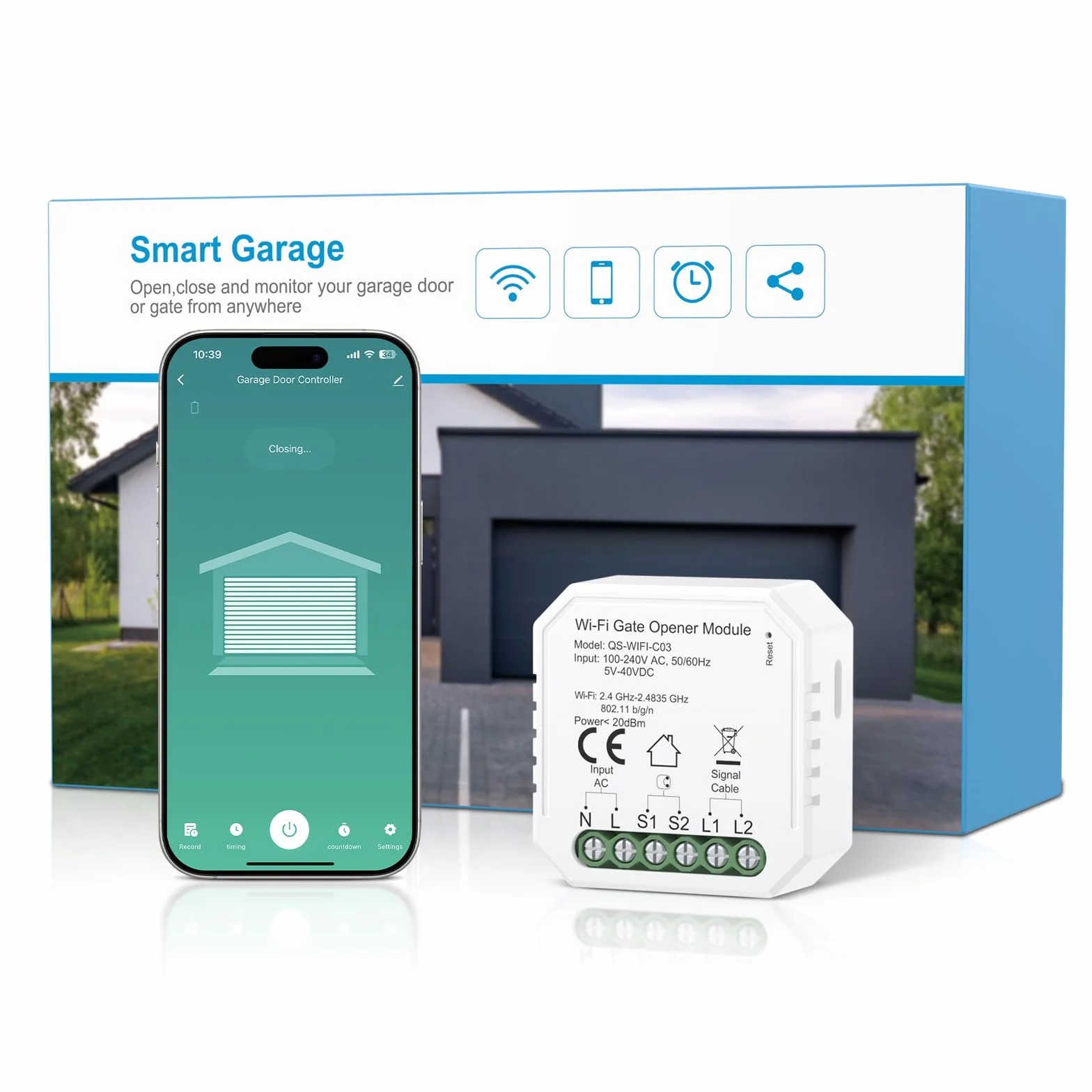 Maxcio Ouvre-Porte de Garage Connecté Wi-Fi, Compatible avec Alexa/Google Home, Contrôle par Application, Commande Vocale, Fonction de Temps, Compatible avec Alimentation CC et CA