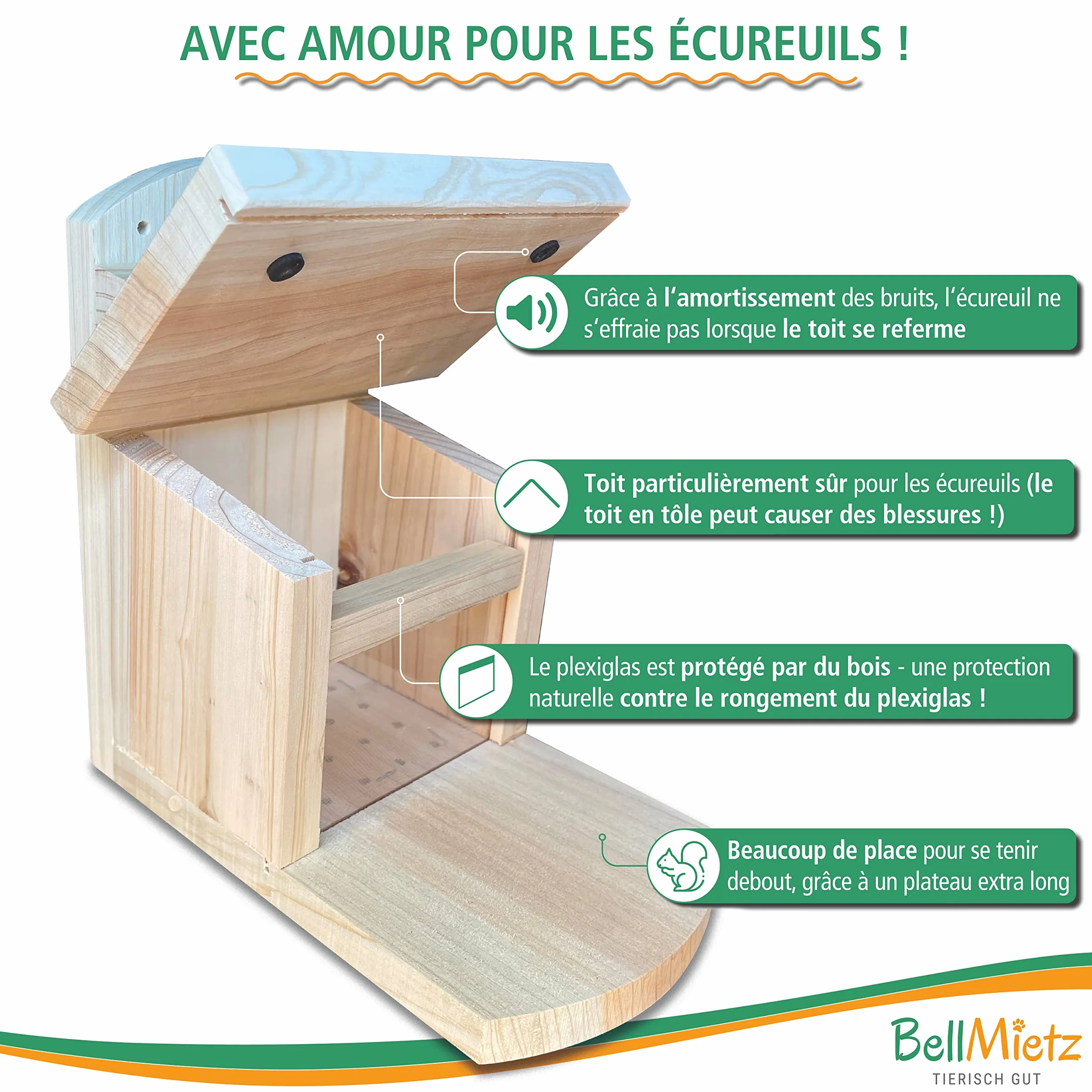 Mangeoire pour écureuils en bois certifié FSC avec système de ventilation innovant résistante aux intempéries