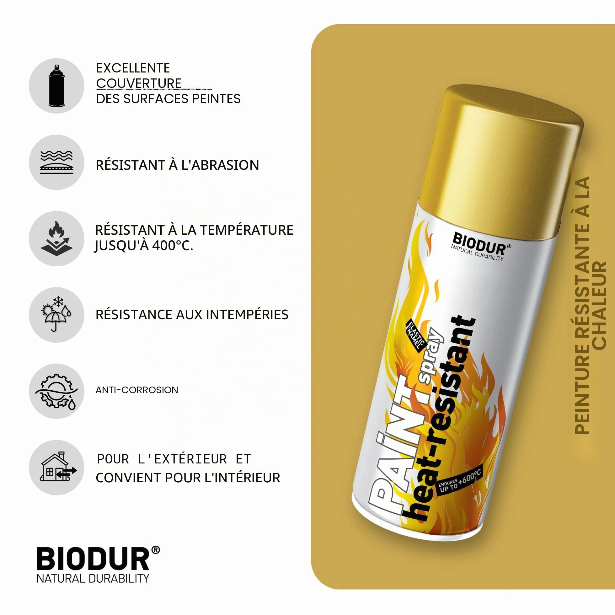 Peinture en spray brillante dorée pour radiateur - Protection contre la corrosion et la rouille - Résistant à la chaleur jusqu'à 400 °C